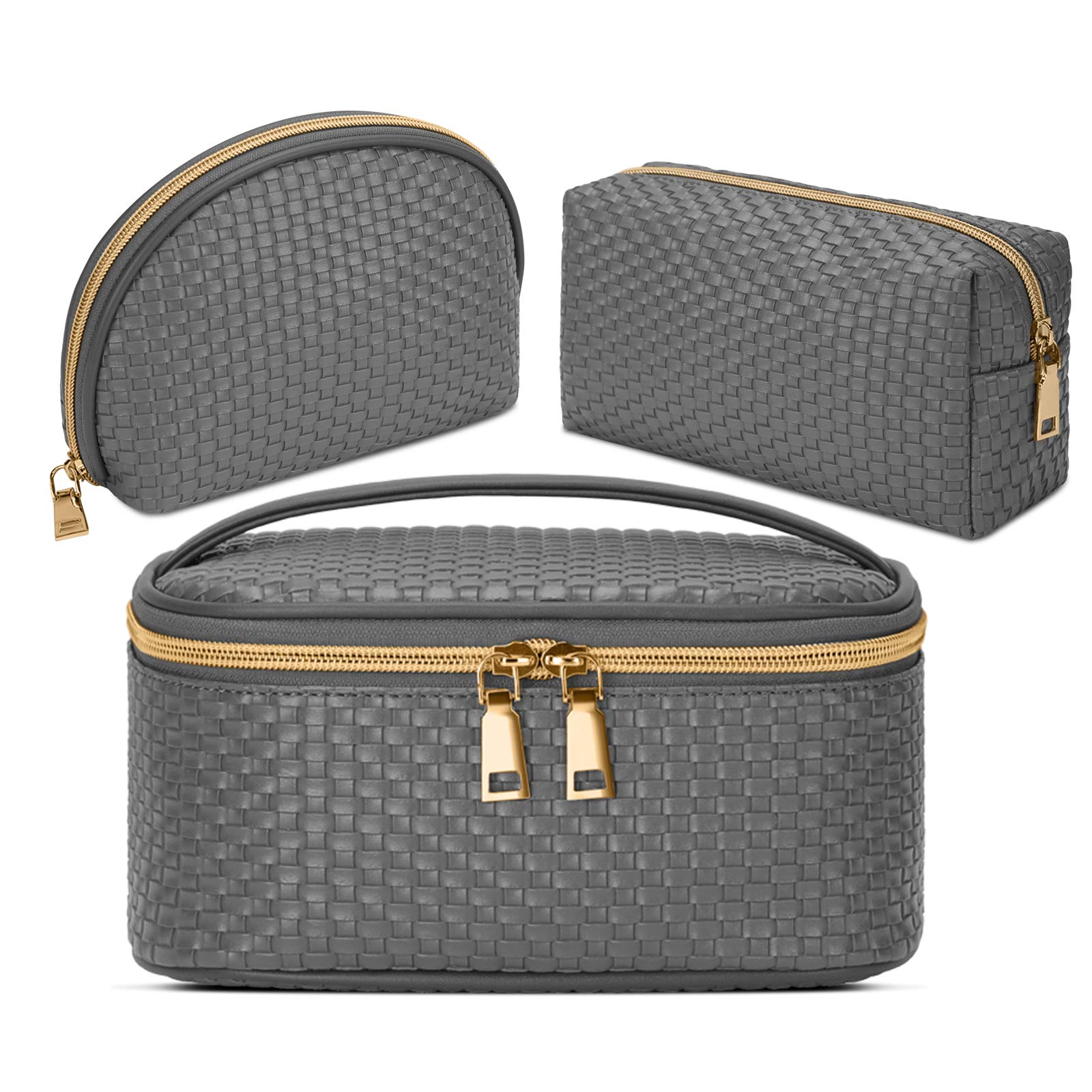 3-Piece Waterproof Makeup Bag Set - Portable Travel Cosmetic Organizer with Weave Design, Multi-Functional Storage for Women & Girls (Grey) | Perfect for Travel, Gym, Daily Use & Toiletries Organization