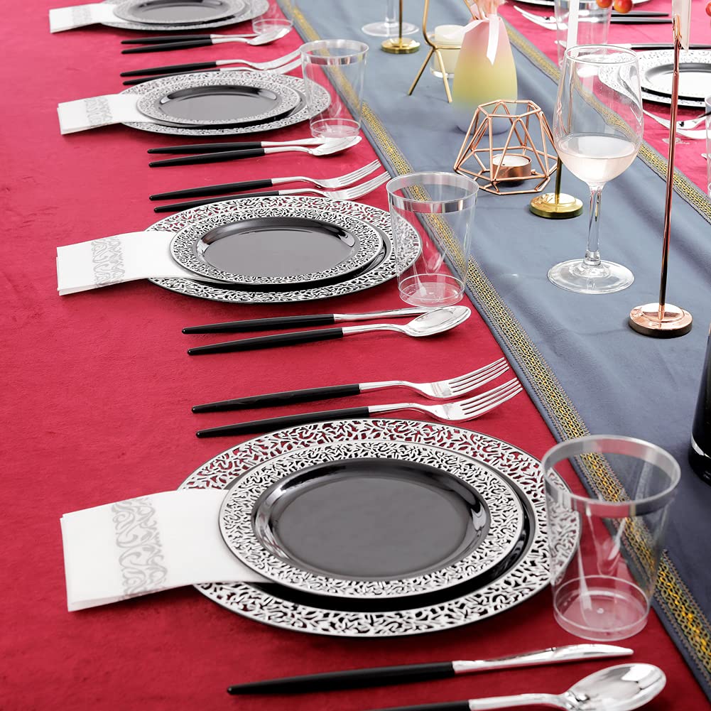 350-Piece Black & Silver Plastic Dinnerware Set - Disposable Plates, Silverware & Napkins for 50 Guests - Elegant Party Supplies for New Year Celebrations, Weddings & Special Events