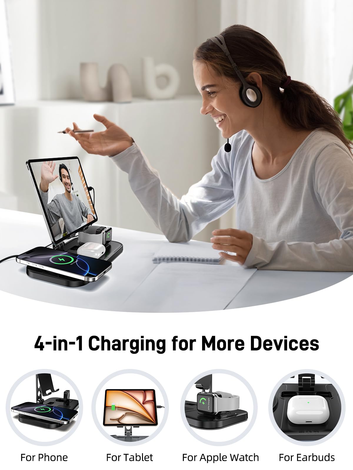 4 in 1 Wireless Charging Station for iPhone 16/15/14/13, Apple Watch 9/8/7/6/5, AirPods 3/2/Pro & iPad - Fast Multi-Device Charger Stand - Perfect for Home, Office & Travel