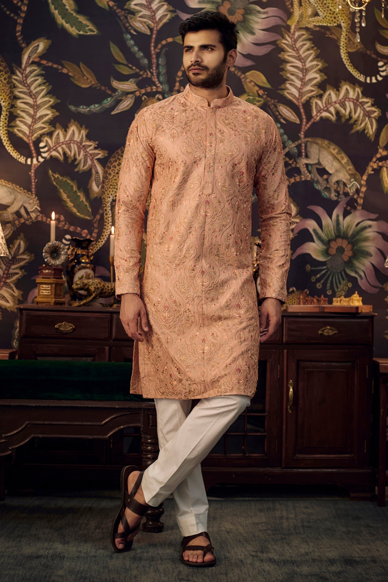 Exquisite Peach Kashmiri Embroidered Kurta with Intricate Multi-Thread Work - Perfect for Festivals, Weddings & Ethnic Fashion