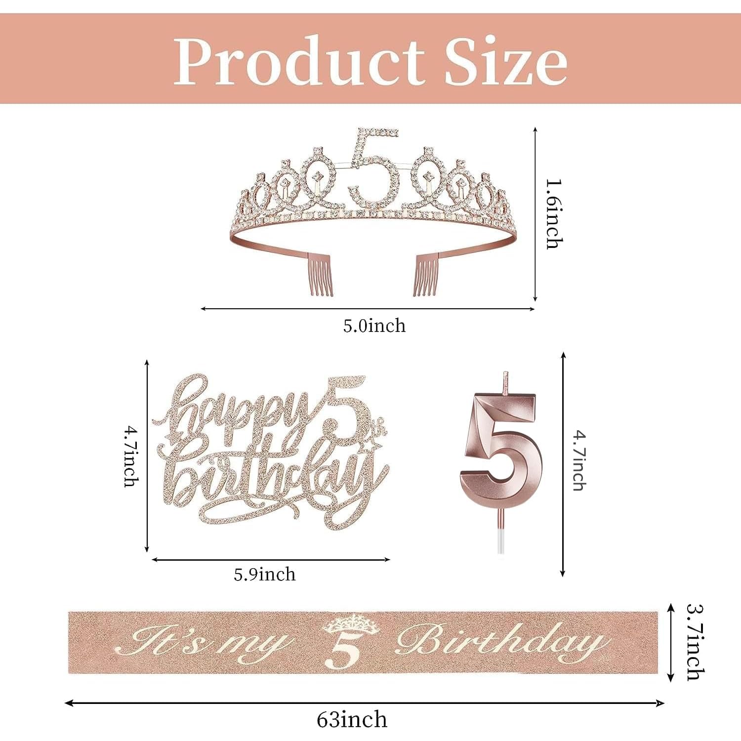5th Birthday Party Decorations for Girls - Princess Crown Tiara, Birthday Sash, Cake Topper & Candles Set - Perfect 5 Year Old Girl Birthday Gift for Princess Themed Parties & Celebrations