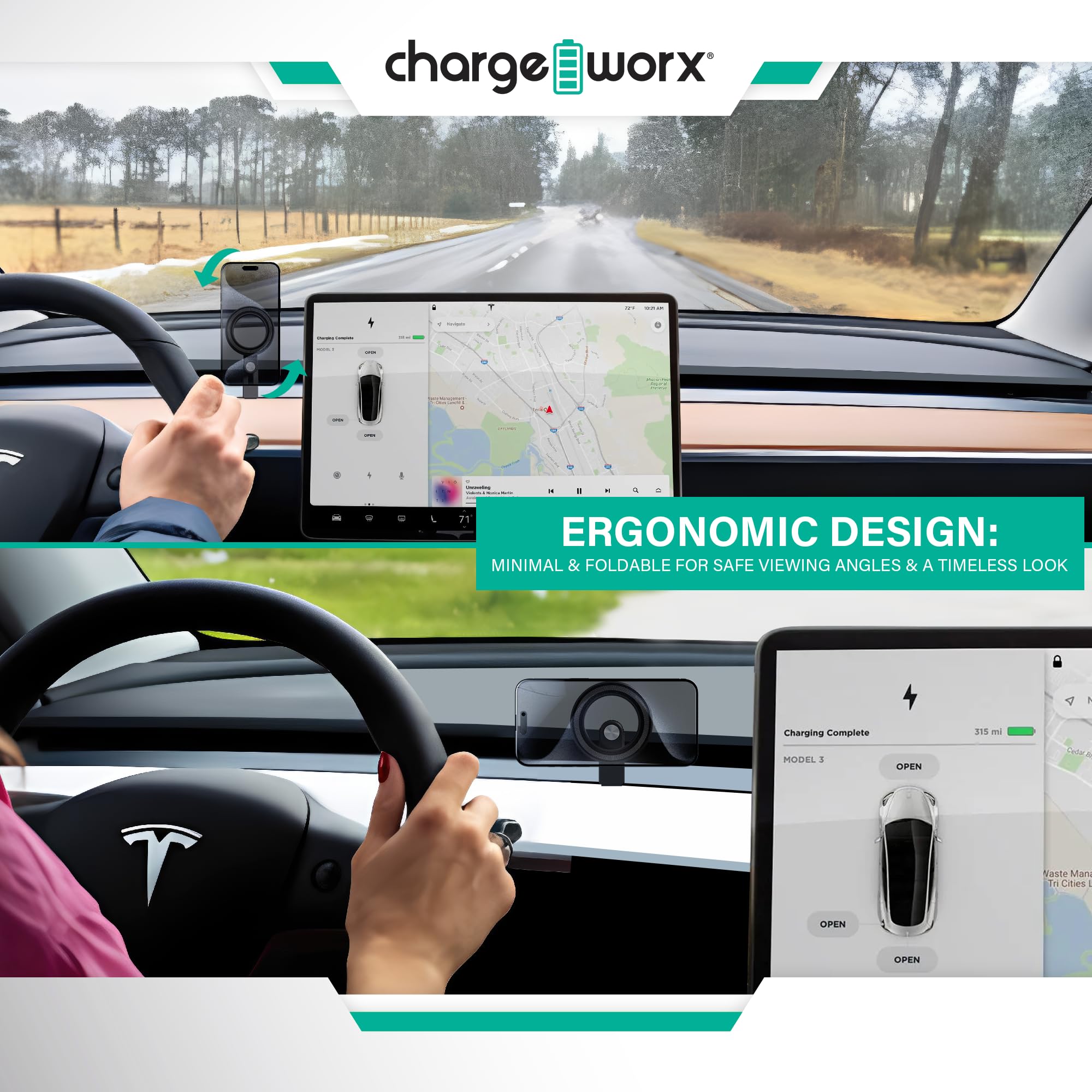 ChargeWorx Tesla Smartphone Mount Holder - 17 Strong Magnet Design for Tesla Model 3/Y/X/S | MagSafe Compatible iPhone Car Mount | Secure Magnetic Phone Holder for Driving, Navigation & Hands-Free Calling