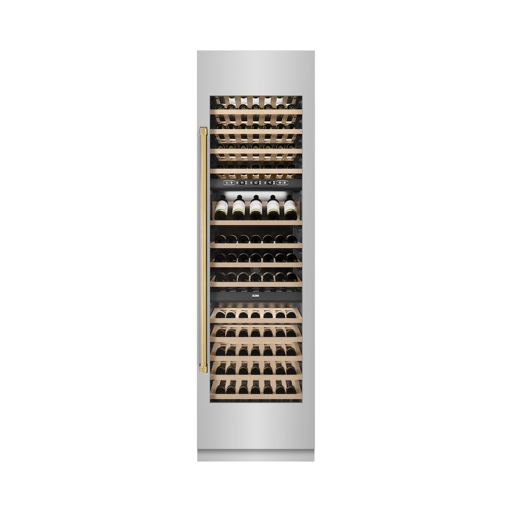 ZLINE Autograph Edition 24 Inch 12.4 Cu Ft Triple Zone 100 Bottle Stainless Steel Wine Cooler with Polished Gold Accents - Perfect for Home Bars, Restaurants, and Wine Cellars (RCWVZ 304 24 G)