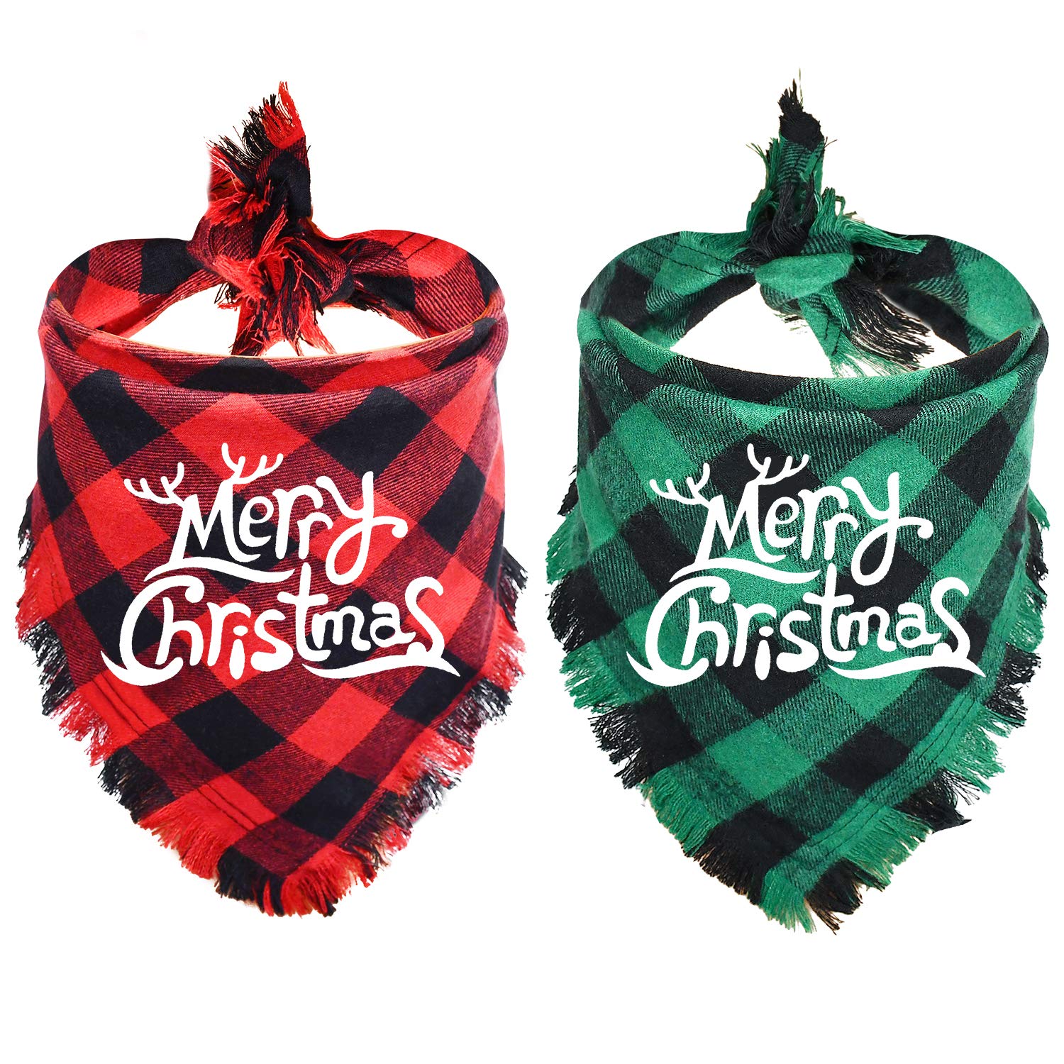 Malier 2 Pack Christmas Buffalo Plaid Dog Bandanas with Tassel Edges - Festive Pet Scarf & Triangle Bib for Small Medium Large Dogs & Cats (Small) - Perfect for Holiday Photos & Seasonal Pet Costume Accessories