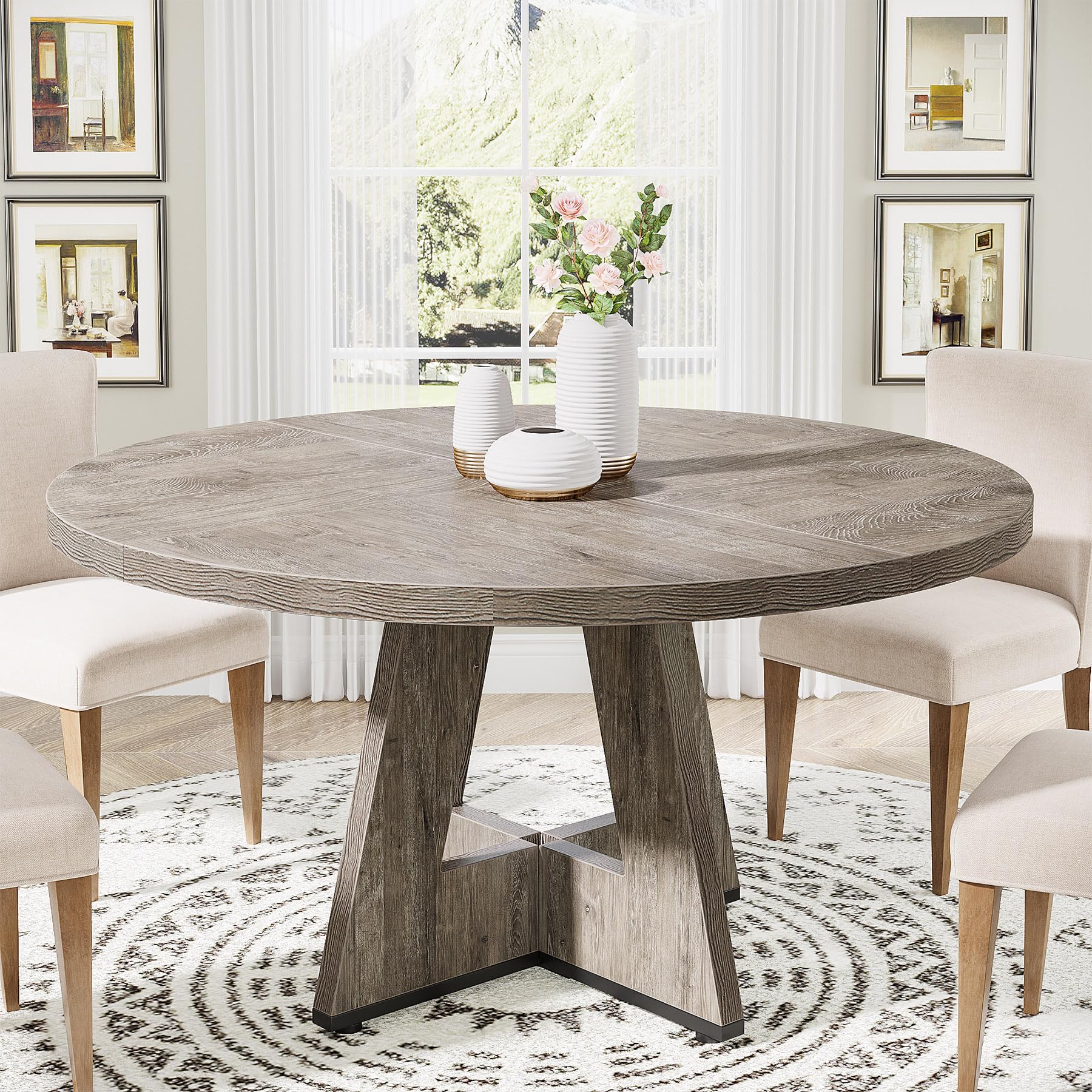 Tribesigns 47 Inch Round Dining Table for 4 - Grey Farmhouse Wood Kitchen Table, Large Dinner Table for Dining Room, Kitchen & Living Room (Chairs Not Included) | Perfect for Small Spaces, Family Meals & Entertaining Guests