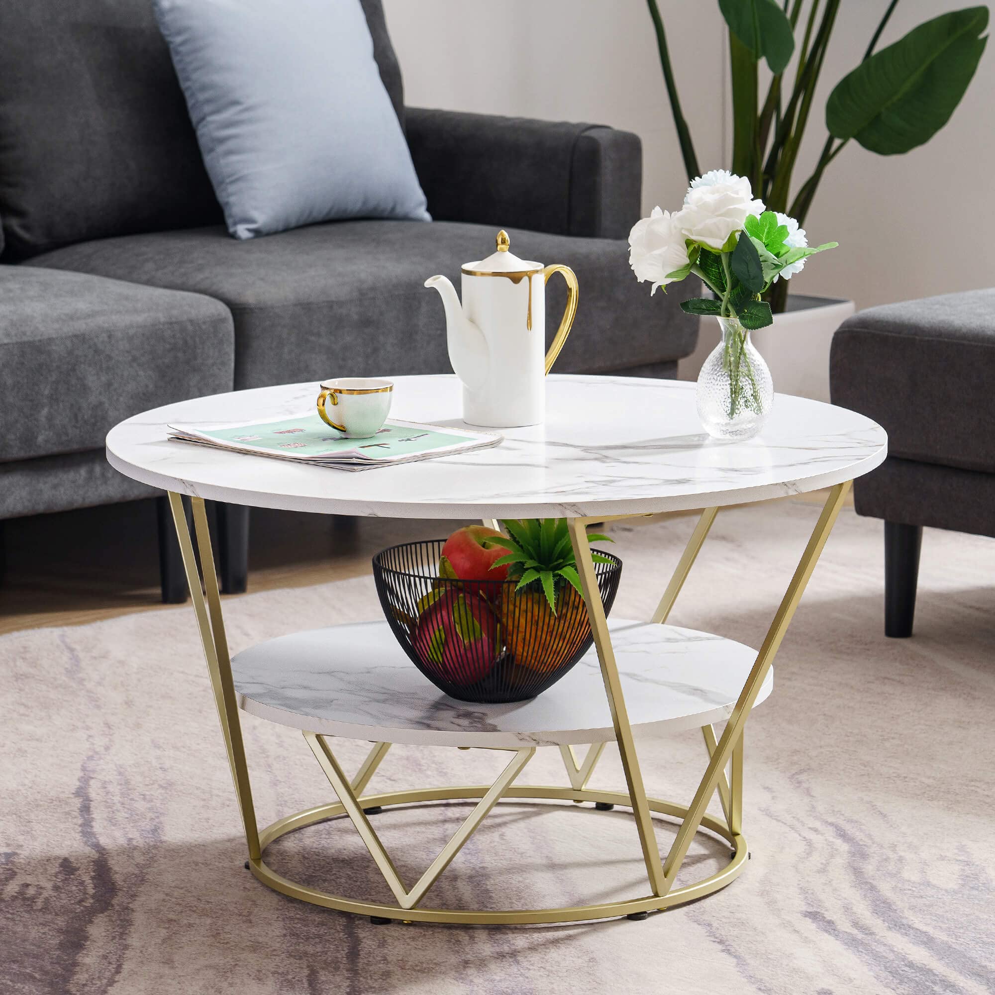 ivinta Modern 2-Tier Round Coffee Table - Faux Marble Top with Storage Shelf & Sturdy Metal Frame for Living Room | Accent Table for Small Spaces, Apartments & Home Decor (COFF-39MG)