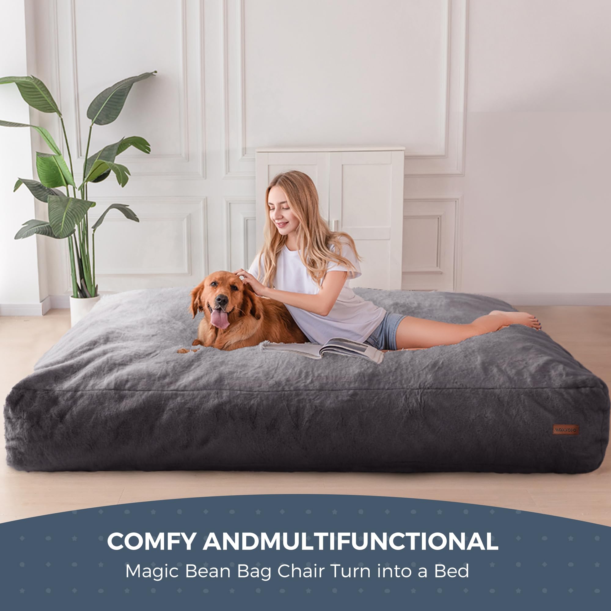 MAXYOYO Giant Faux Fur Bean Bag Chair - Convertible to Floor Mattress Bed | Dark Grey | Ultra Soft Lounge Chair for Living Room, Bedroom & Dorm | Perfect for Relaxing, Gaming & Sleepovers