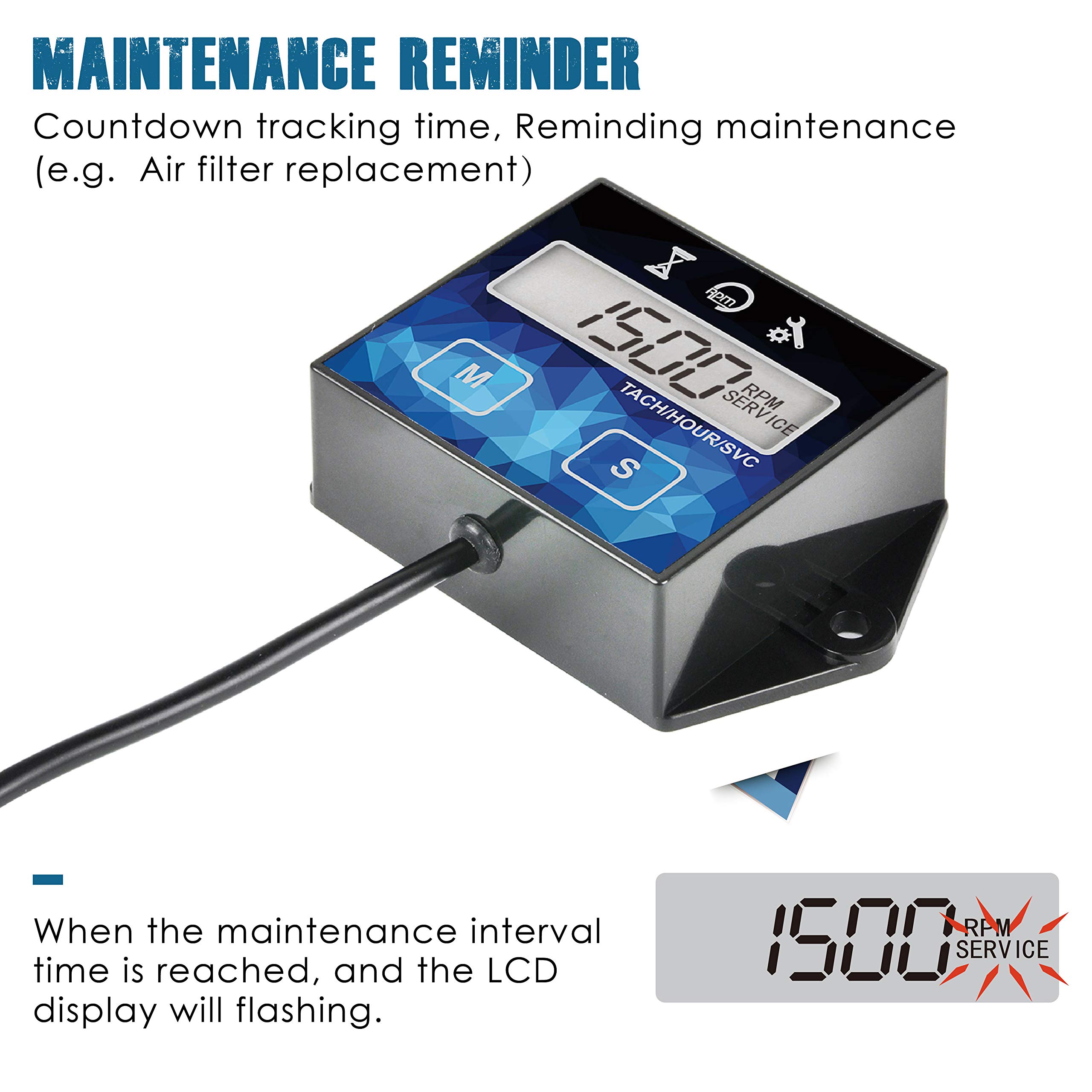 Runleader Digital Small Engine Hour Meter & Tachometer with Maintenance Reminder - Replaceable Battery, User Shutdown - Compatible with ZTR Lawn Mowers, Tractors, Generators, Marine Outboards & ATVs - Track Engine Hours for Maintenance Scheduling (1)