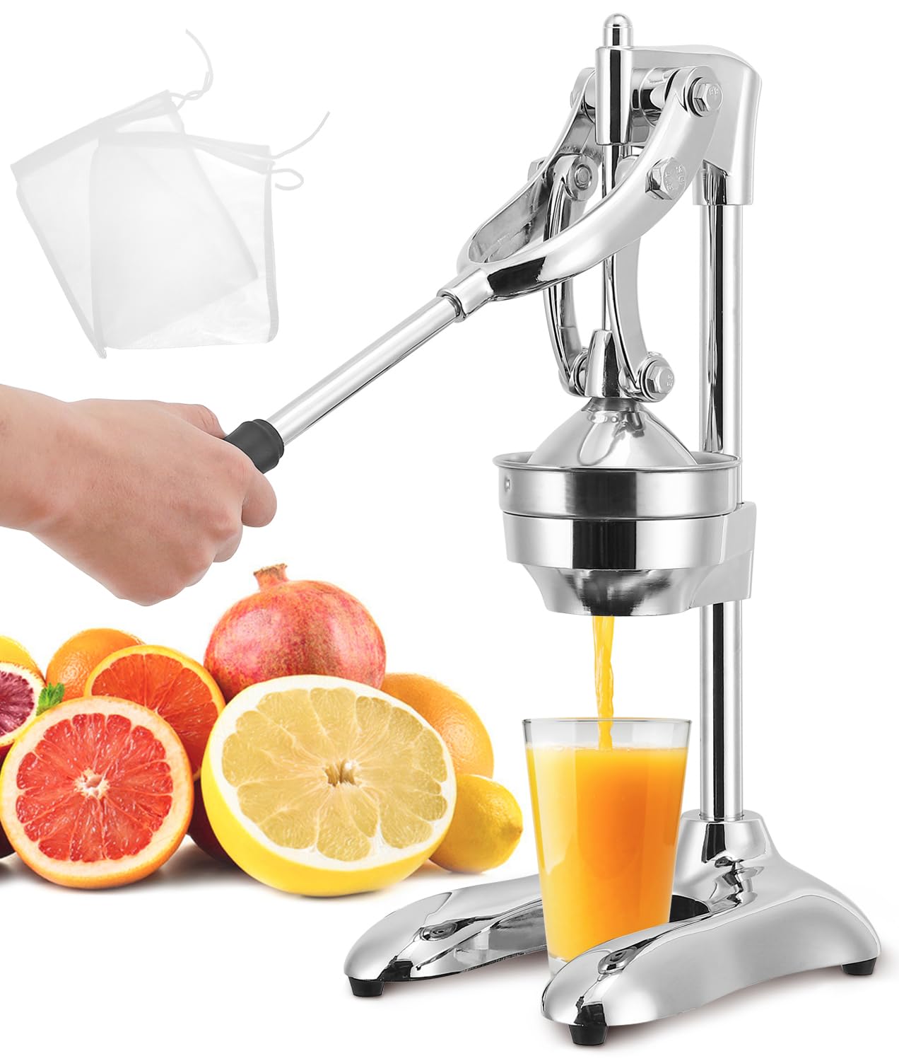 Moongiantgo Commercial Manual Juicer - Heavy Duty Hand Press Citrus Juicer Extractor with 2 Reusable Fruit Bags for Orange, Lemon, Lime, Pomegranate | Easy to Clean Stainless Steel Fruit Squeezer | Perfect for Juice Bars, Restaurants & Home Kitchen Use