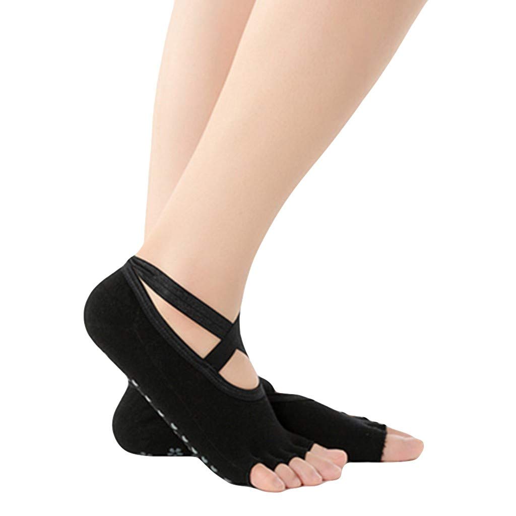Non-Slip Open Toe Yoga Socks for Women - Breathable Finger Separated Ballet Dance Socks with Grip - Lightweight Workout & Pilates Socks (Black, One Size) - Perfect for Yoga, Barre, Dance & Home Workouts