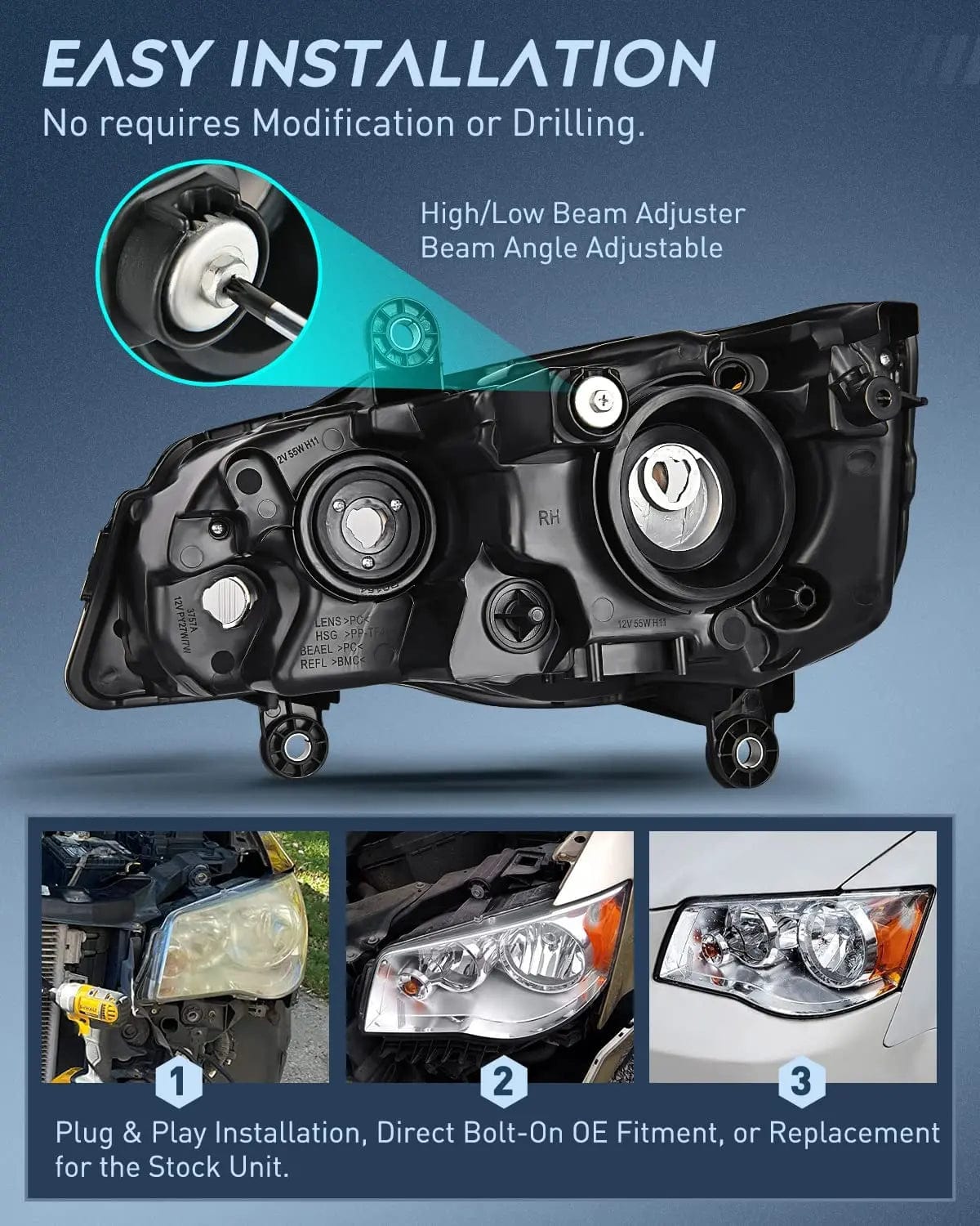 Dodge Grand Caravan & Chrysler Town Country Headlight Assembly (2008-2019) - Black Case with Amber Reflector - Replacement Headlights for Improved Night Driving Safety