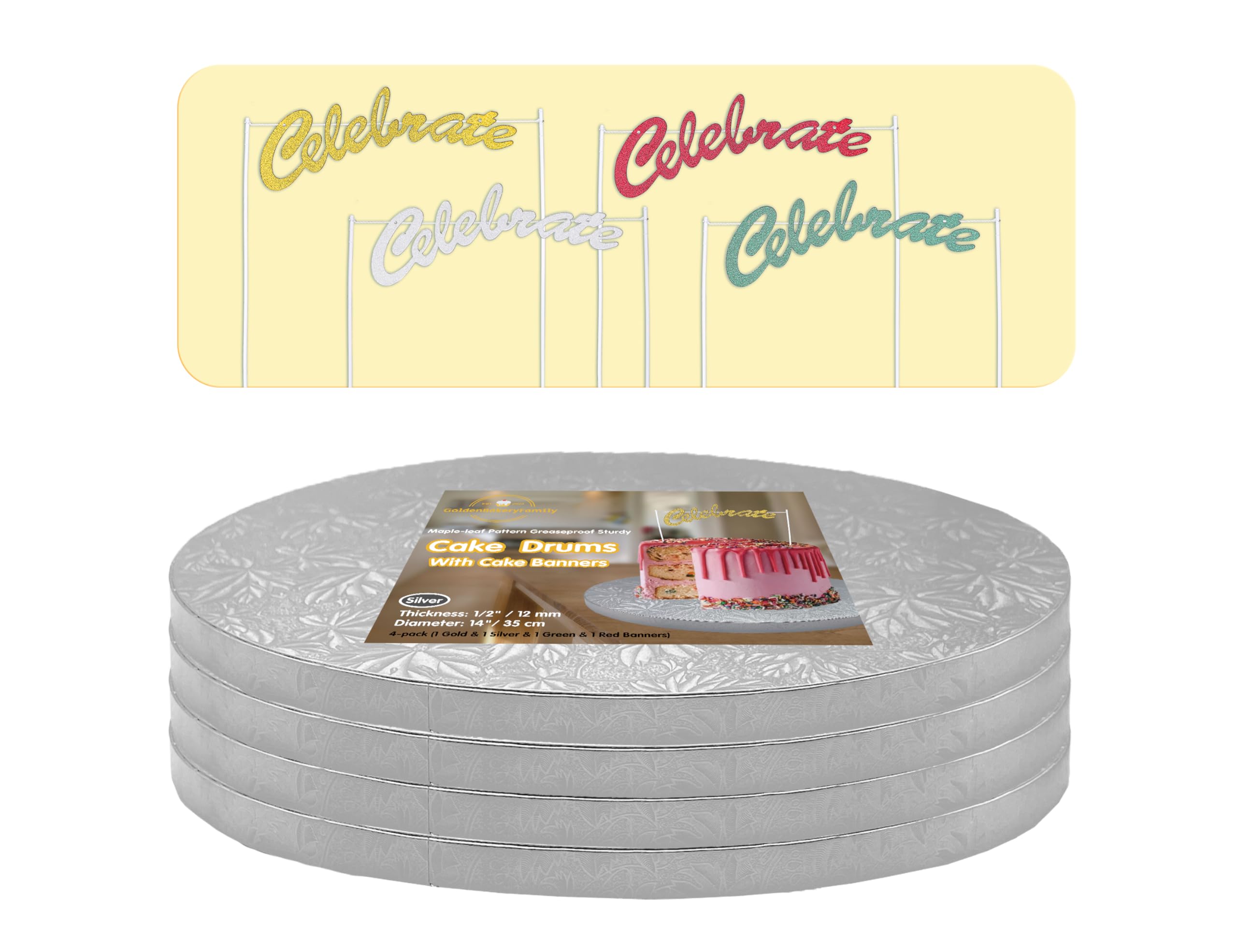 14 Inch Round Silver Cake Drums (4-Pack) - 1/2 Inch Thick Greaseproof Cake Boards with Banner Topper for Multi-Tiered Wedding, Birthday & Anniversary Cakes - Perfect for Professional Baking & Cake Decorating