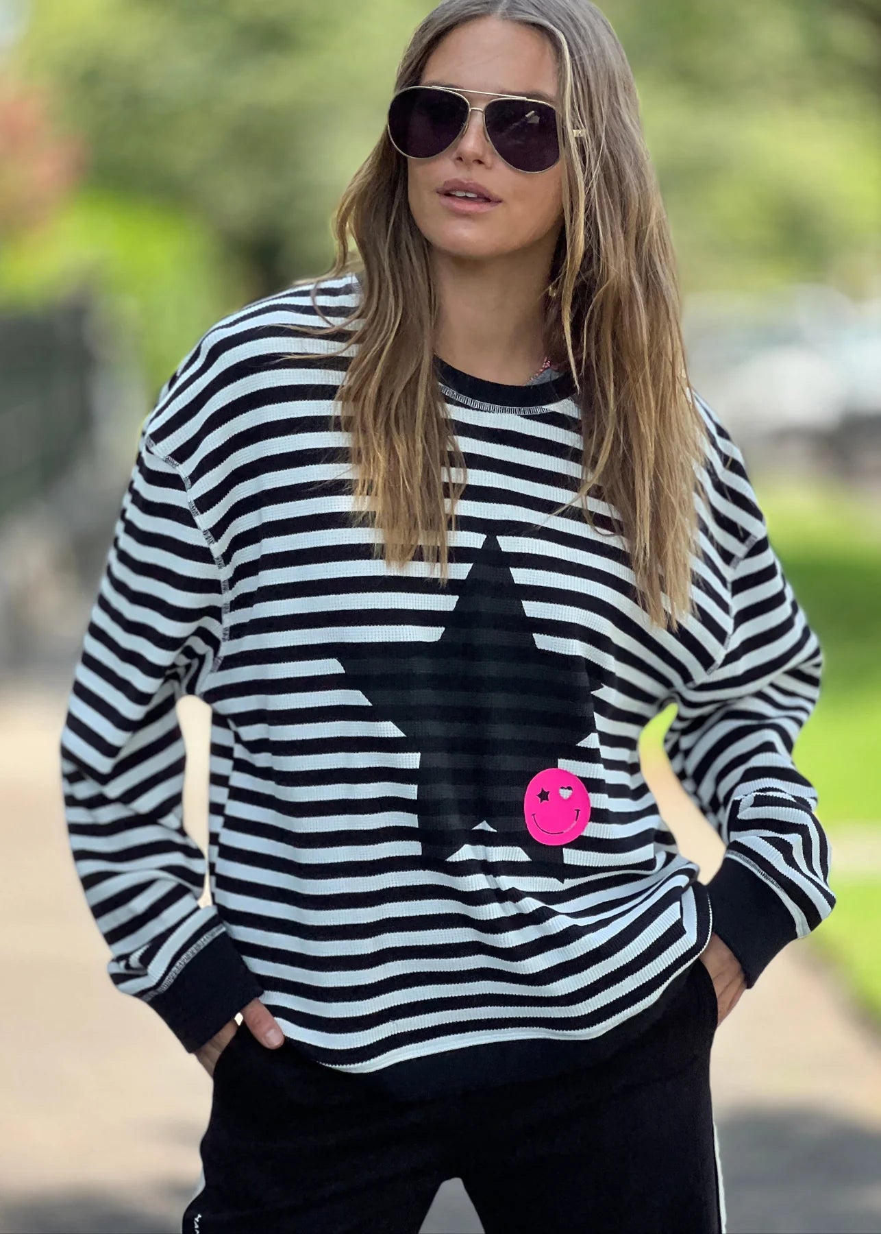 Star Stripe Black & White Waffle Knit Top for Women - Casual Loose Fit Long Sleeve Shirt for Fall & Winter | Perfect for Layering, Office Wear and Weekend Outfits