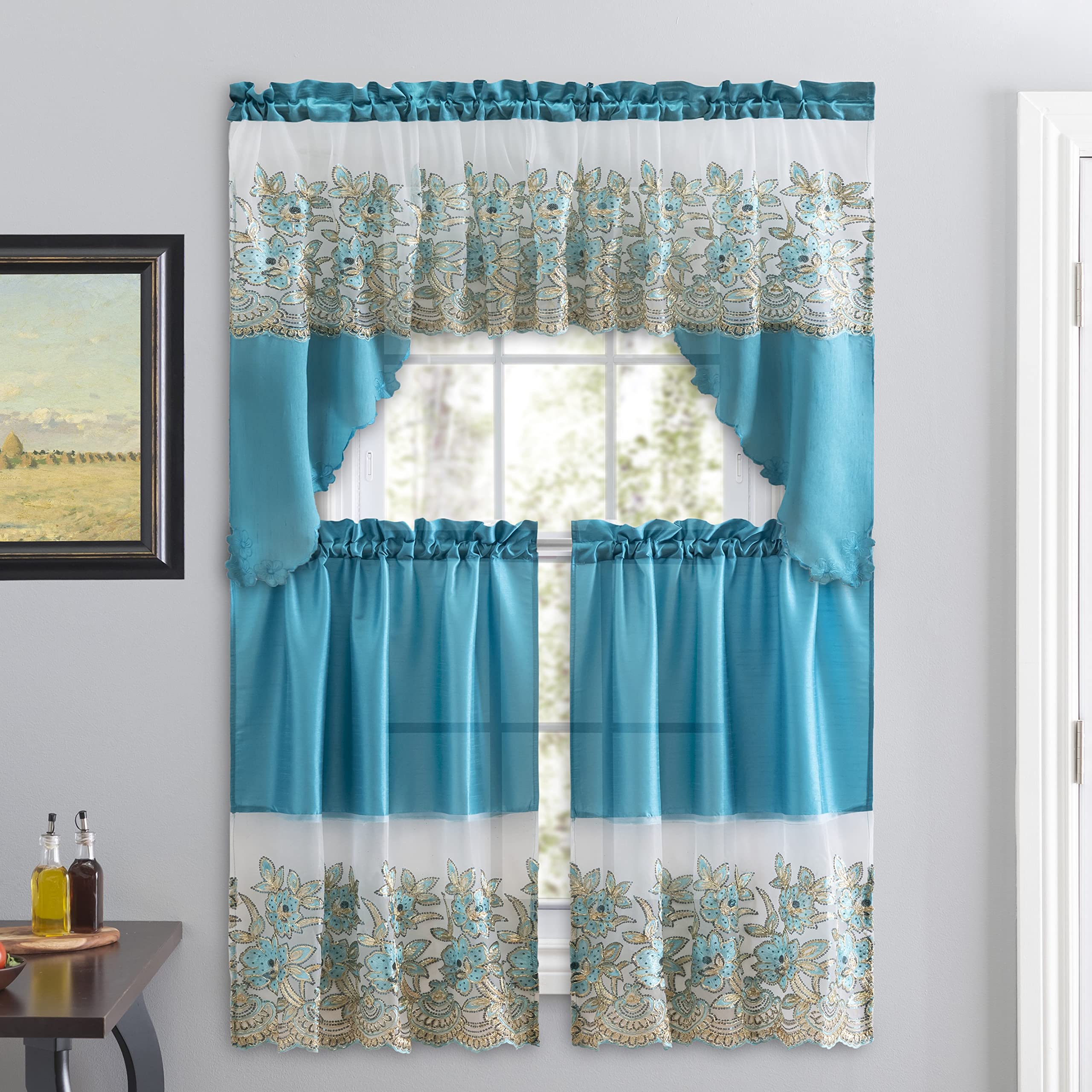 Premium 3-Piece Embroidered Linen Curtain Set with Valance & Tiers - Turquoise Kitchen, Living Room & Bathroom Window Treatments for Elegant Home Decor