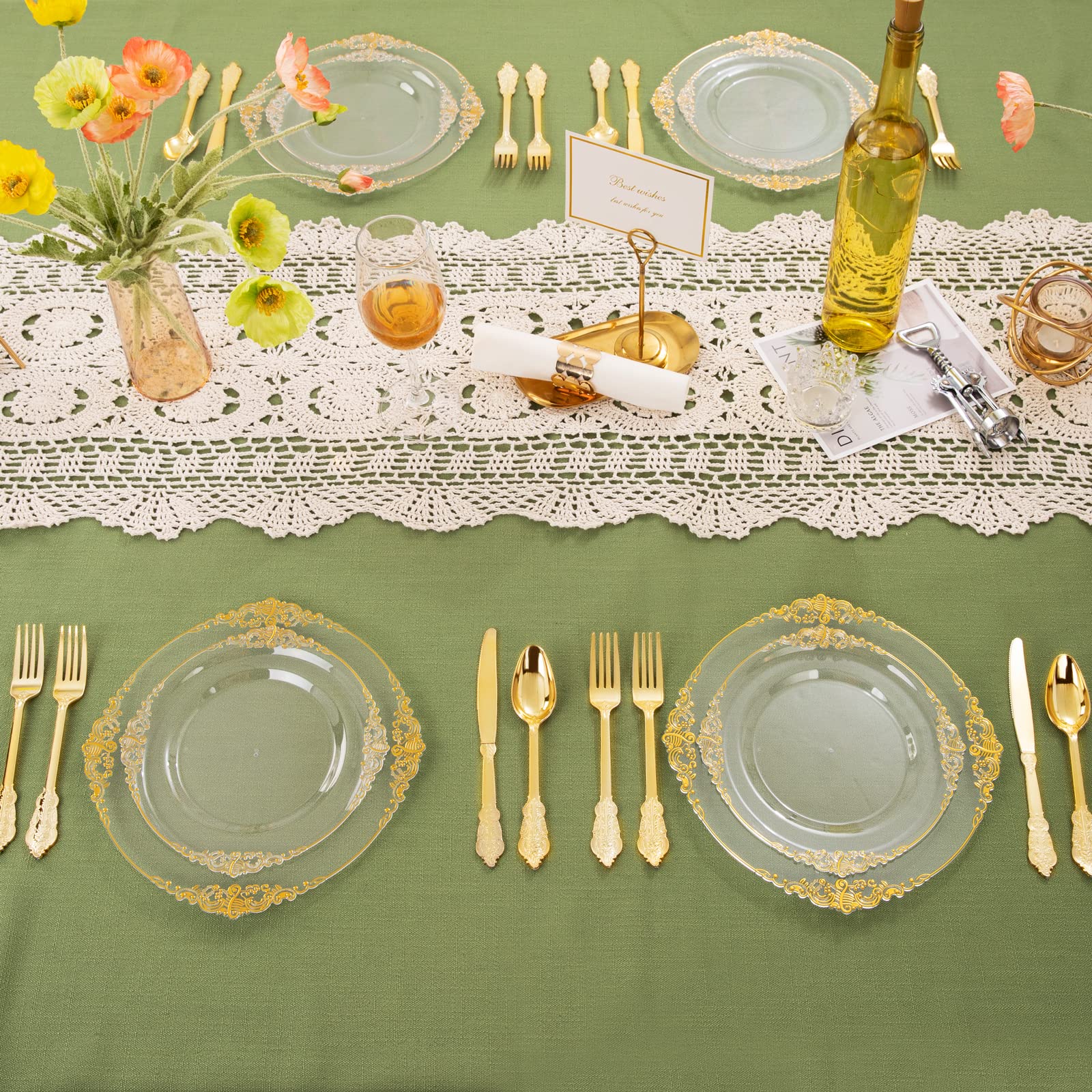 100PCS Clear & Gold Plastic Plates and 60 Pack Clear Gold Plastic Coffee Mugs - Elegant Disposable Tableware for Parties, Weddings, and Events
