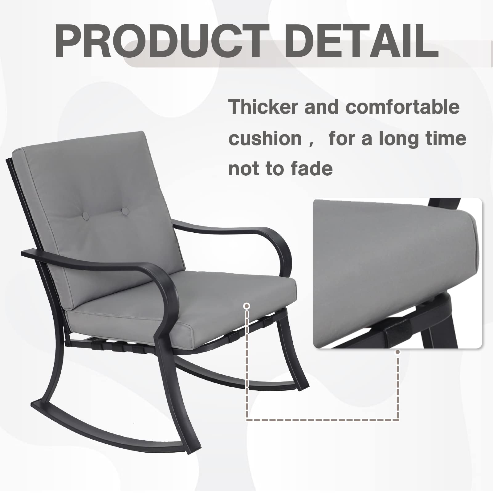 **Outdoor 3-Piece Rocking Chair Set - 2 Black Steel Rocking Chairs with Cushions & Glass Top Coffee Table - Grey Patio Bistro Furniture for Garden, Porch, or Backyard Relaxation**