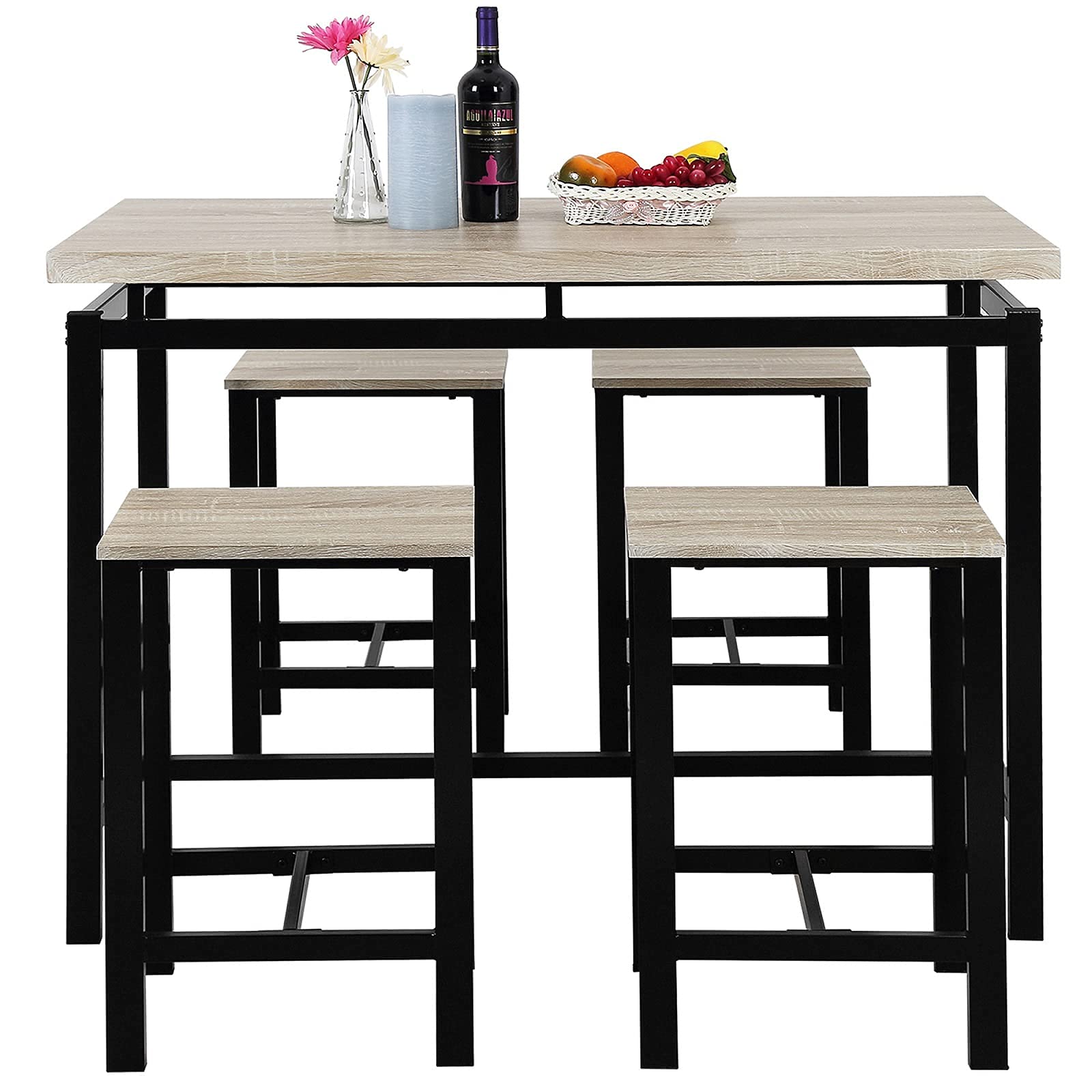 Modern 5-Piece SSLine Bar Table and Chair Set - Contemporary Breakfast & Dining Table with 4 Stools - High Counter Height Kitchen Set for Home, Cafe, or Bistro (Beige) - Perfect for Small Spaces, Entertaining, and Casual Meals