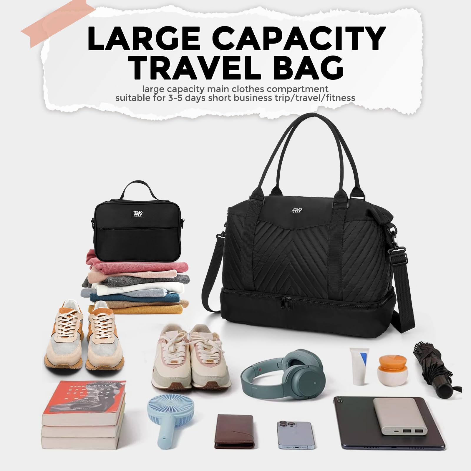 Best Travel Duffle Bag for Women - Large Weekender Gym Bag with Shoe Compartment & Toiletry Pocket - Perfect as Airplane Carry-On or Overnight Shoulder Tote - Black Personal Item Bag for Travel, Workout & Weekend Getaways