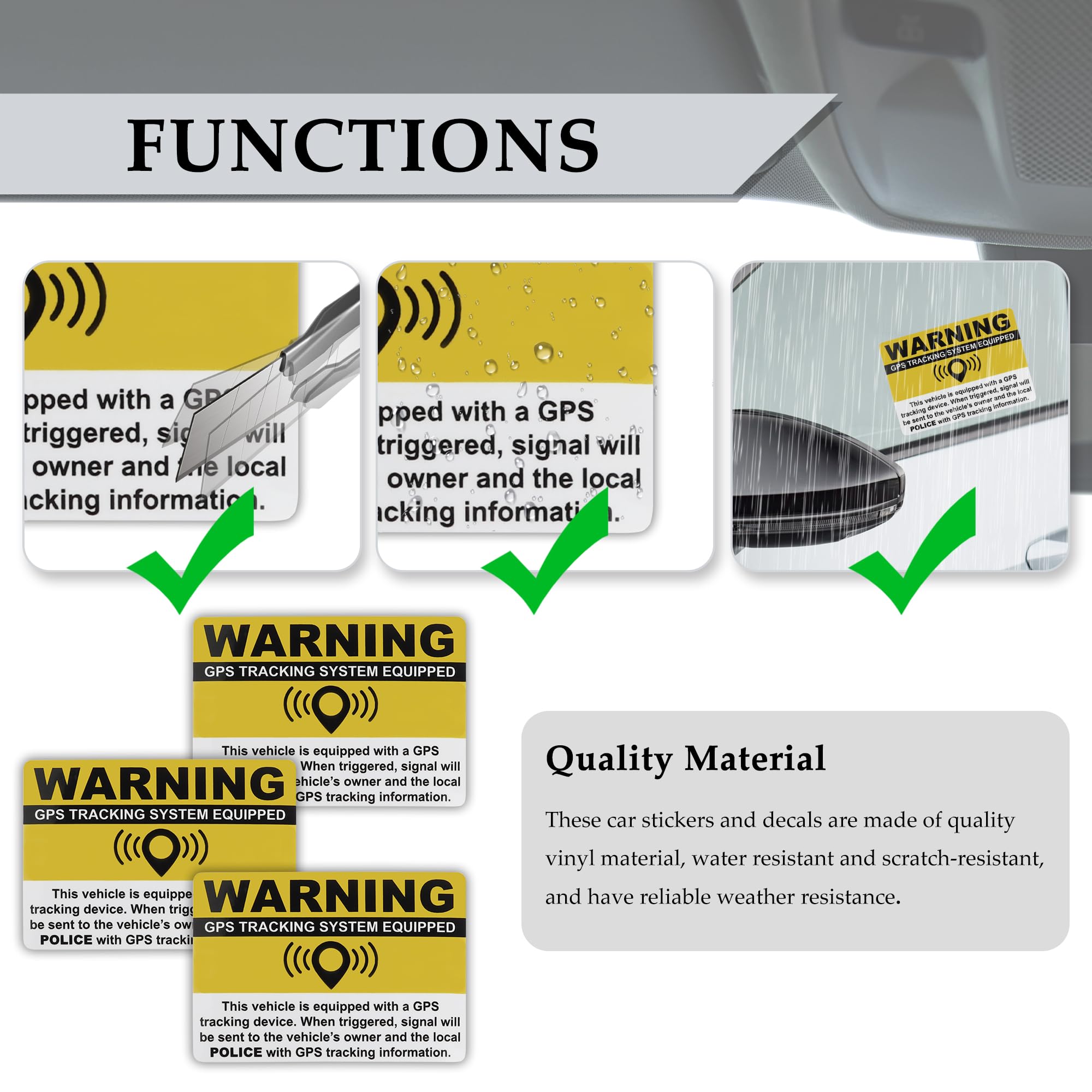 3PCS Anti-Theft GPS Warning Stickers 3.2x1.4 Inch for Car SUV Truck - Deter Vehicle Theft