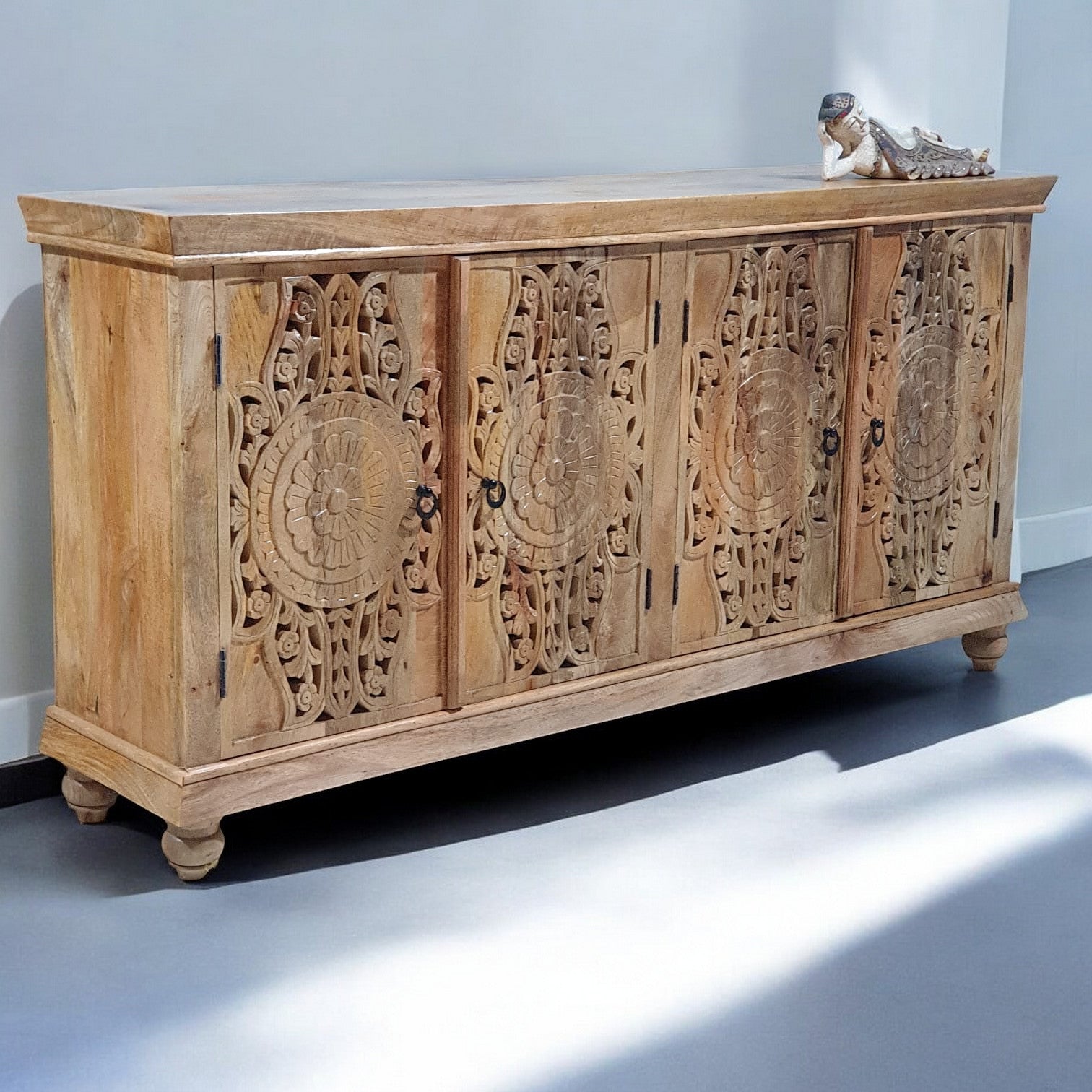 Handmade Carved Indian Mango Wood Sideboard with 4 Doors - Brown Buffet Cabinet 71