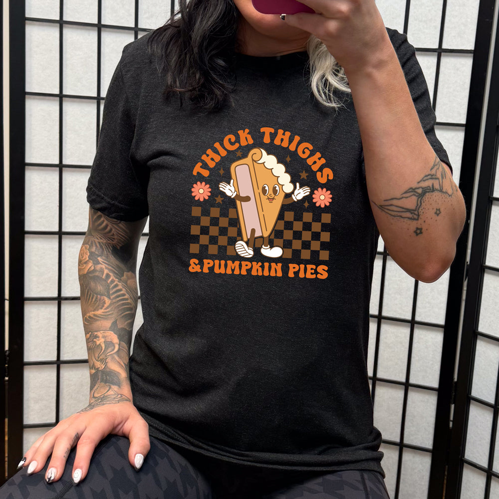 Thick Thighs & Pumpkin Pies Unisex T-Shirt - Funny Fall Graphic Tee for Women & Men - Perfect for Thanksgiving, Autumn Outfits and Seasonal Parties