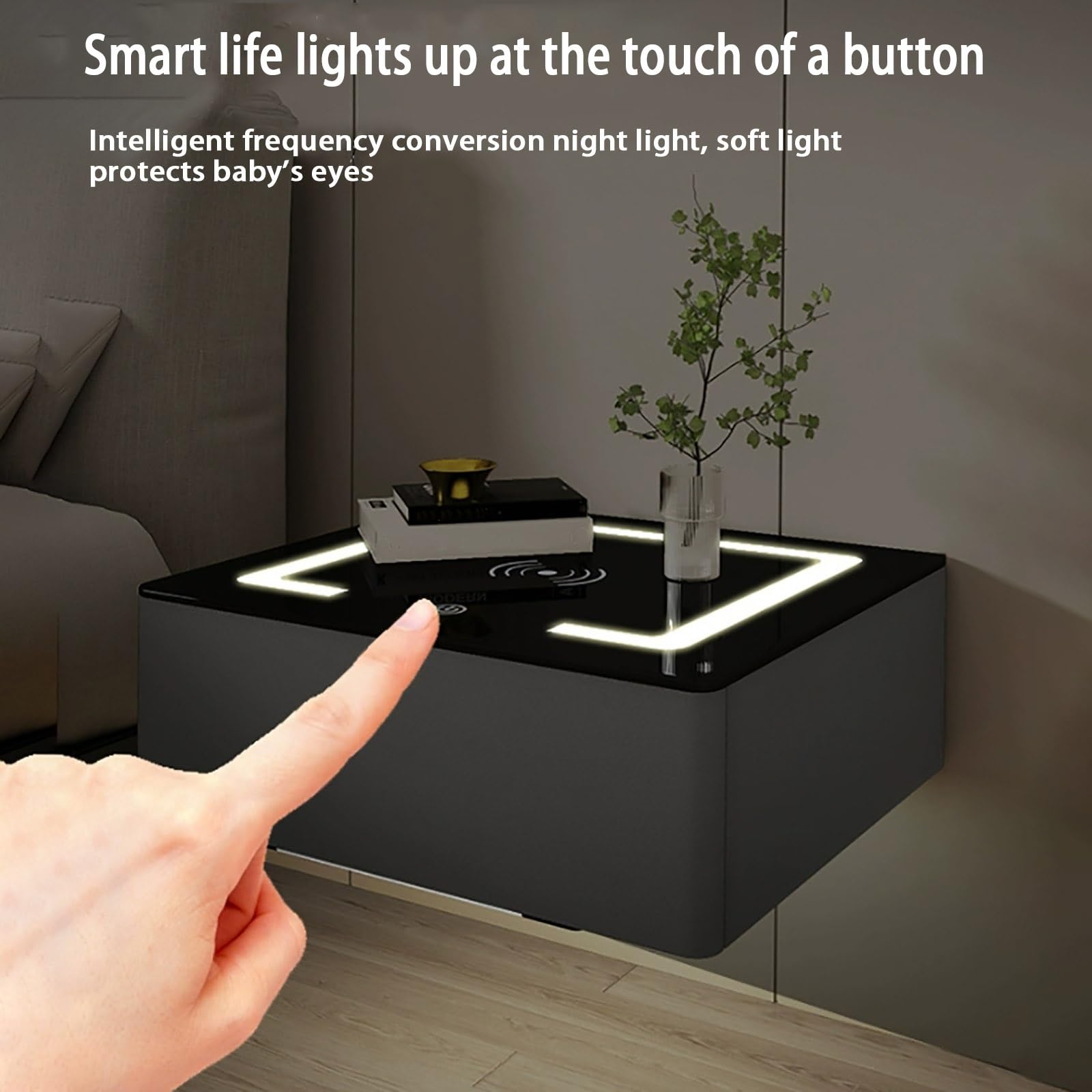 Multifunctional Floating Smart Bedside Table with LED Light & Wireless Charging, Storage Drawers & Tempered Glass Top - Modern Nightstand for Bedroom, Living Room, Office (Black/White) - Perfect for Small Spaces, Reading, Charging Devices & Organizing Essentials