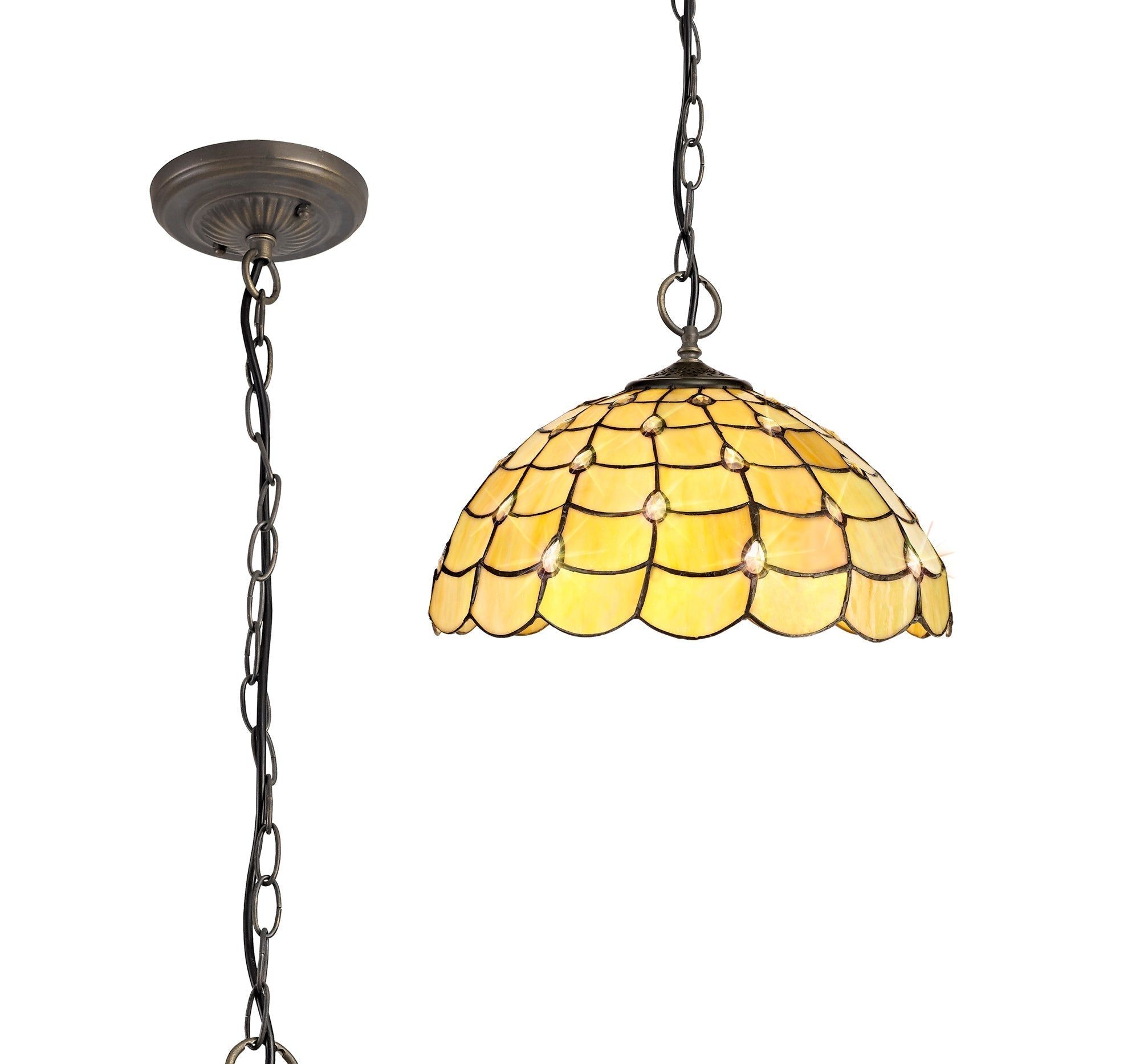 E27 Aero 3 Light Downlighter Pendant with 30cm Tiffany Shade in Beige, Clear Crystal & Antique Brass - Perfect for Dining Room, Kitchen Island, and Entryway Lighting