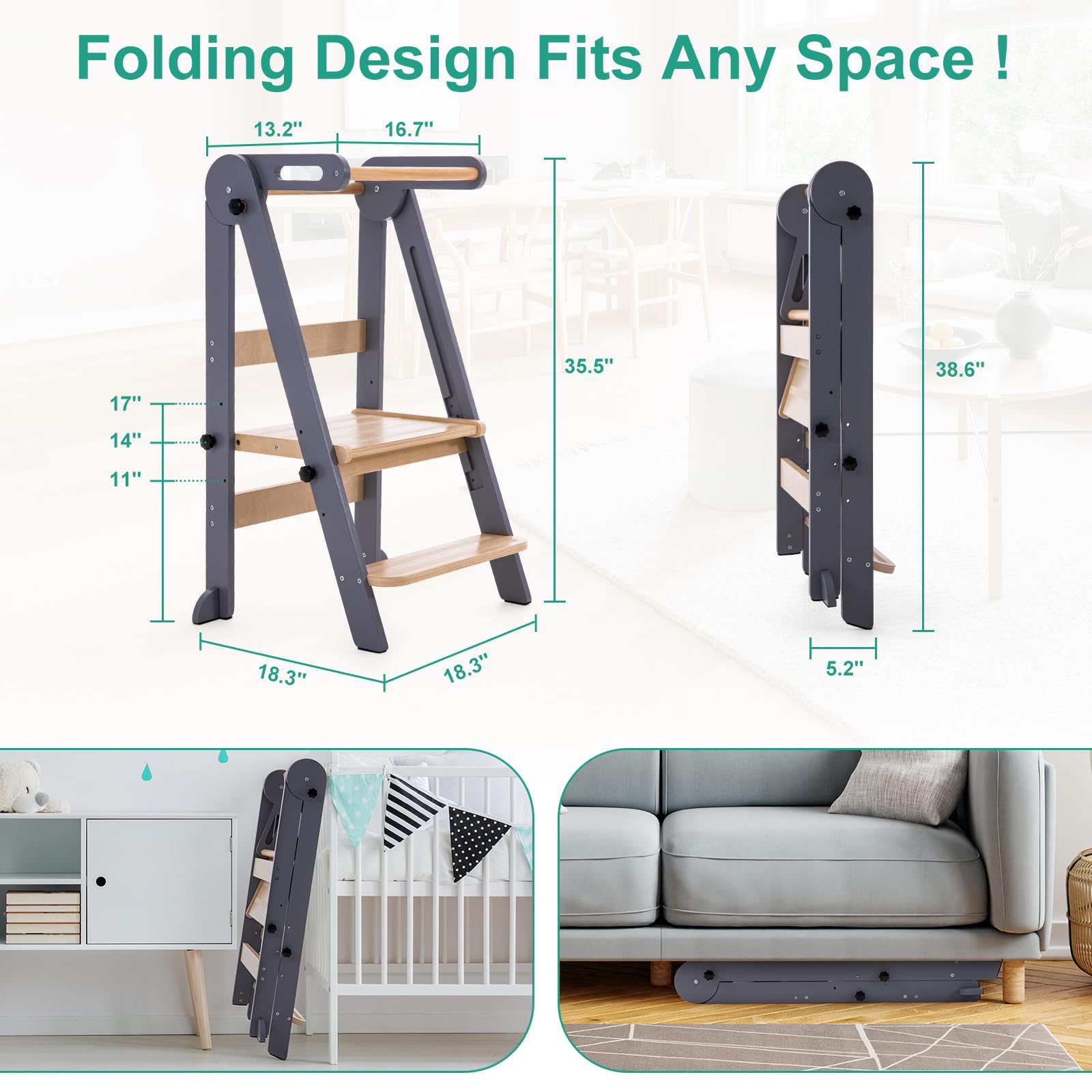 Foldable Toddler Tower - Adjustable Kitchen Step Stool for Kids 1.5-6 Years | 3 Height Settings with Non-Slip Safety Strips | Montessori Learning Tower for Cooking, Baking & Washing Hands at Sink (Gray) - Perfect for Kitchen Counter Access & Independent Play