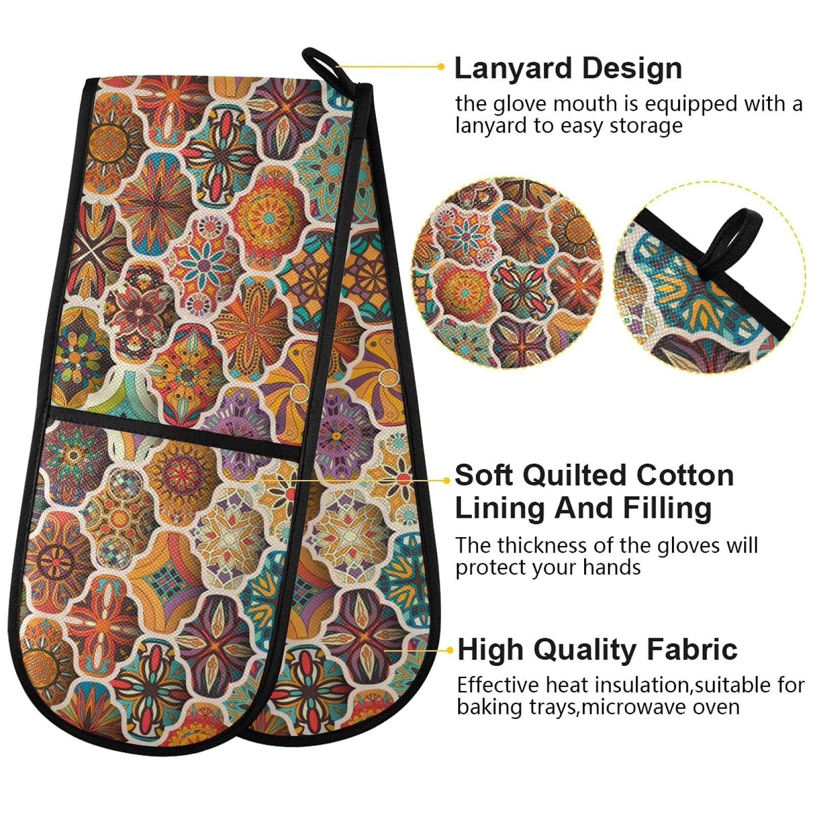 Heat Resistant Double Oven Mitts - Moroccan Floral Mosaic Pattern BBQ Gloves for Baking, Grilling & Microwave Use - Perfect for Kitchen, Camping & Outdoor Cooking