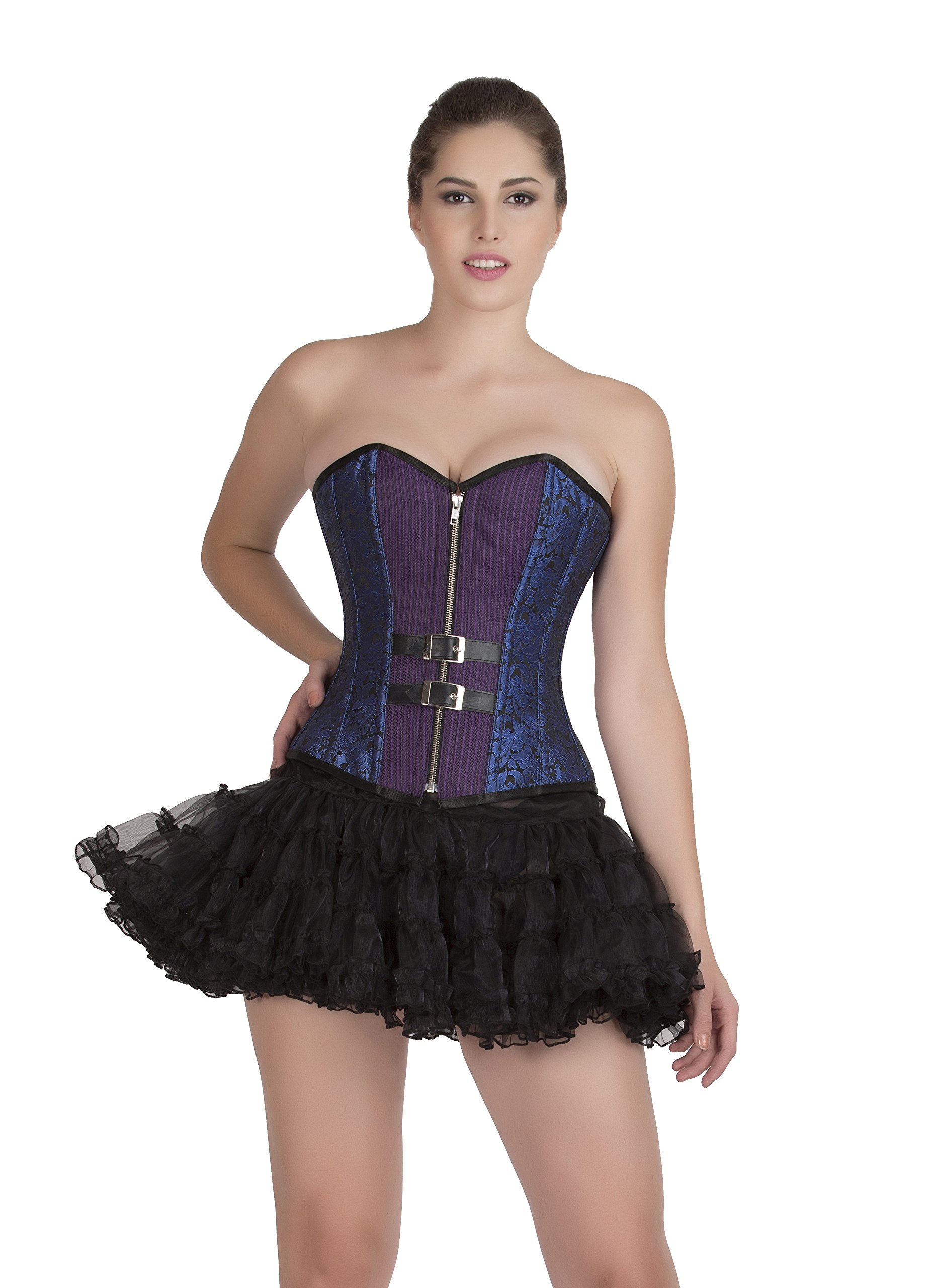 Blue Black Brocade Purple Cotton Goth Burlesque Overbust Tutu Skirt Corset Dress - Victorian Steampunk Costume for Halloween, Cosplay & Burlesque Performances