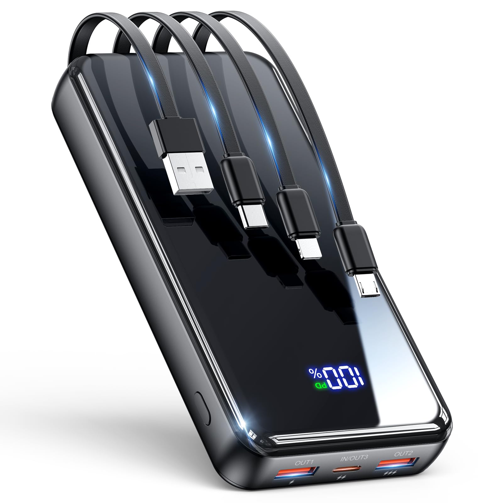 42800mAh Portable Charger with Built-in Cables | 22.5W PD Fast Charging Power Bank | 6 Outputs & 2 Inputs External Battery Pack | Compatible with iPhone 16/15/14/13/12 & Android Phones | Perfect for Travel, Camping & Emergency Power Backup