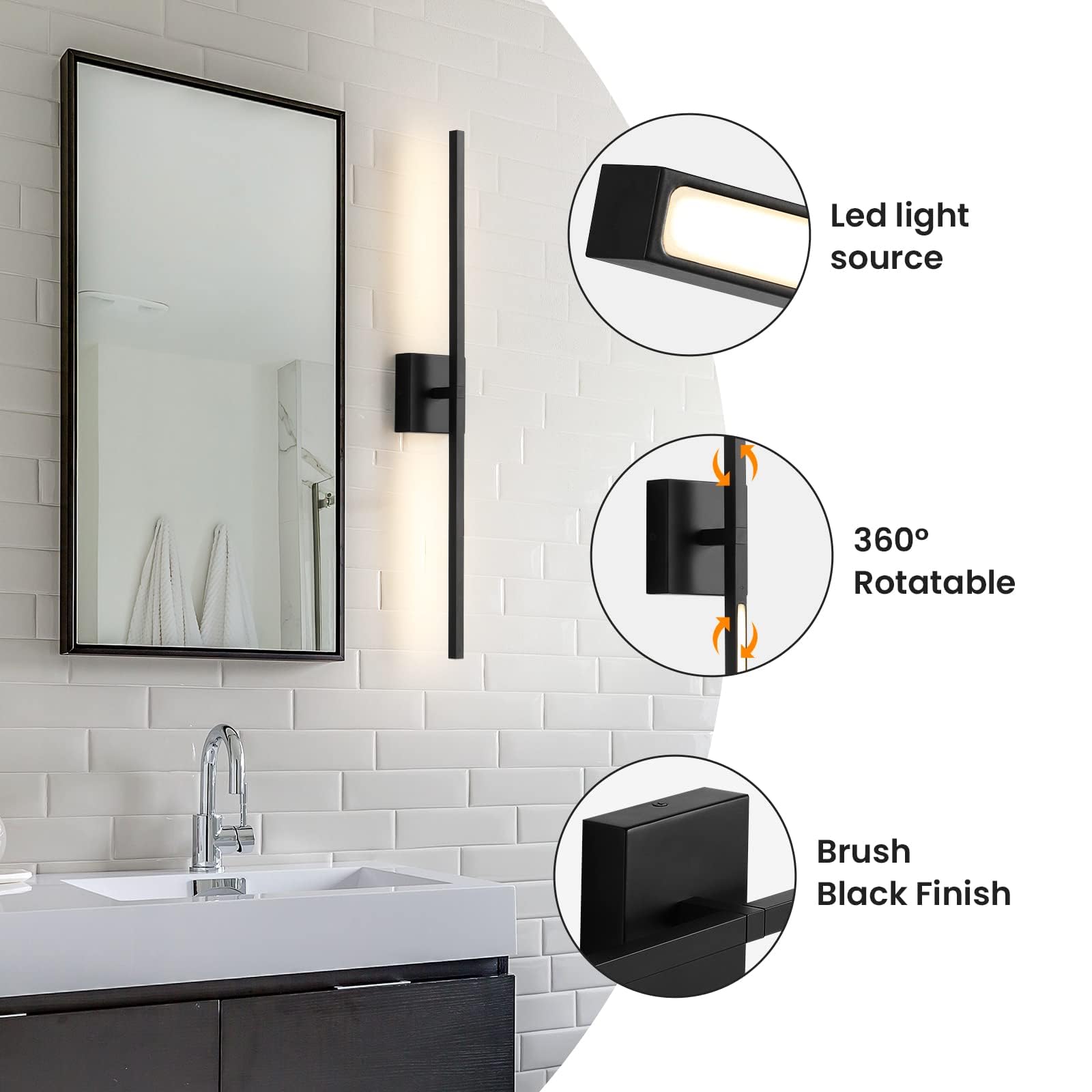 360° Rotatable Black Bathroom Vanity Lights - 30 Inch LED Dimmable Wall Sconce with 3500K Warm White Light for Mirror Lighting, Modern Bathroom Decor & Spa Ambience
