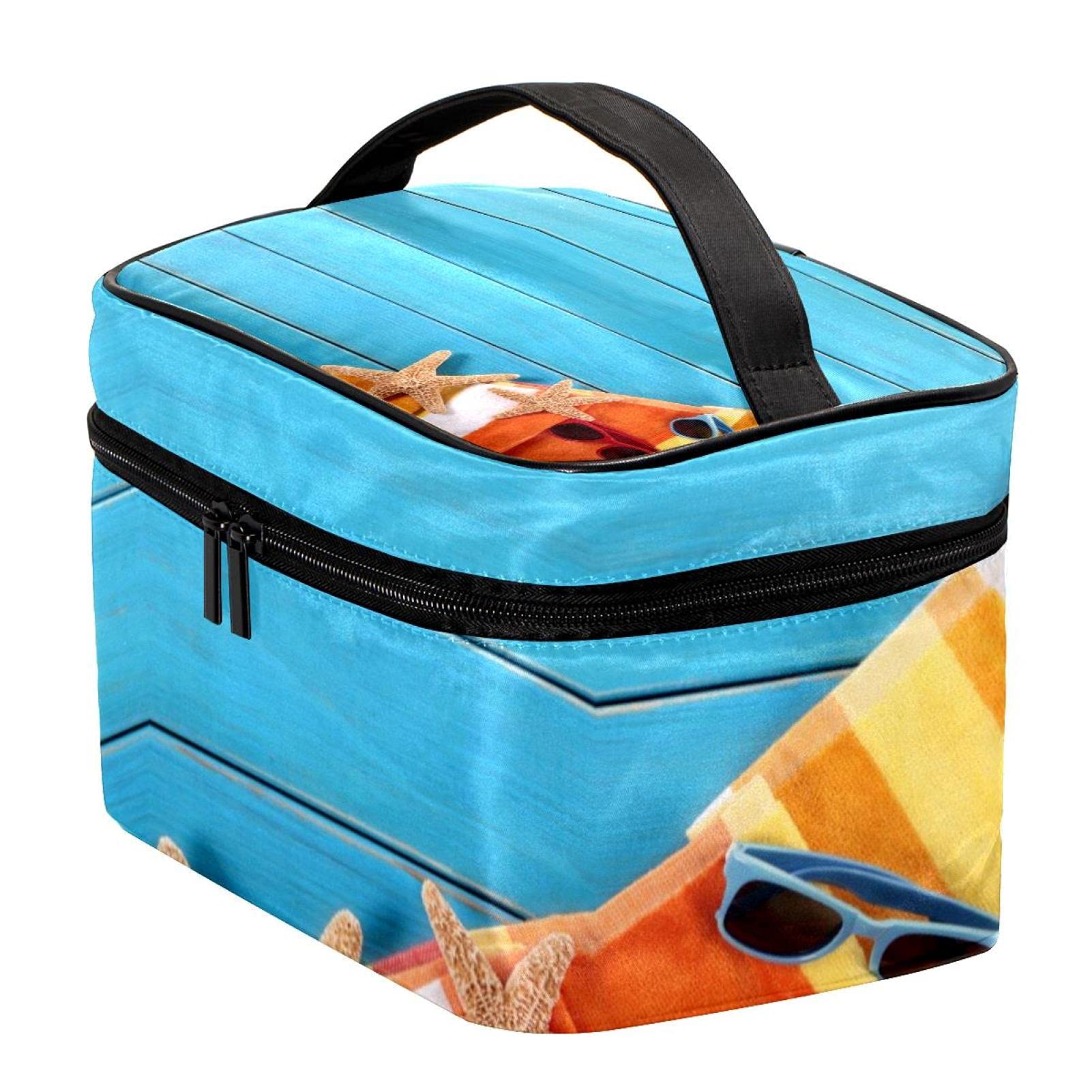 Starfish Sunglasses & Blue Wooden Board Travel Makeup Bag - Large Cosmetic Organizer with Zipper for Women & Girls | Perfect for Beach Vacations, Travel & Daily Makeup Storage