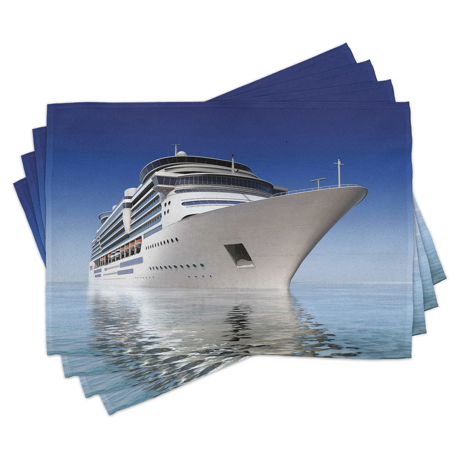Ambesonne Cruise Ship Place Mats Set of 4 - White Cruise Ship on Calm Blue Water with Clear Sky - Washable Fabric Dining Table Mats - Standard Size Blue & White - Perfect for Nautical Theme Dinner Parties and Cruise Ship Enthusiasts