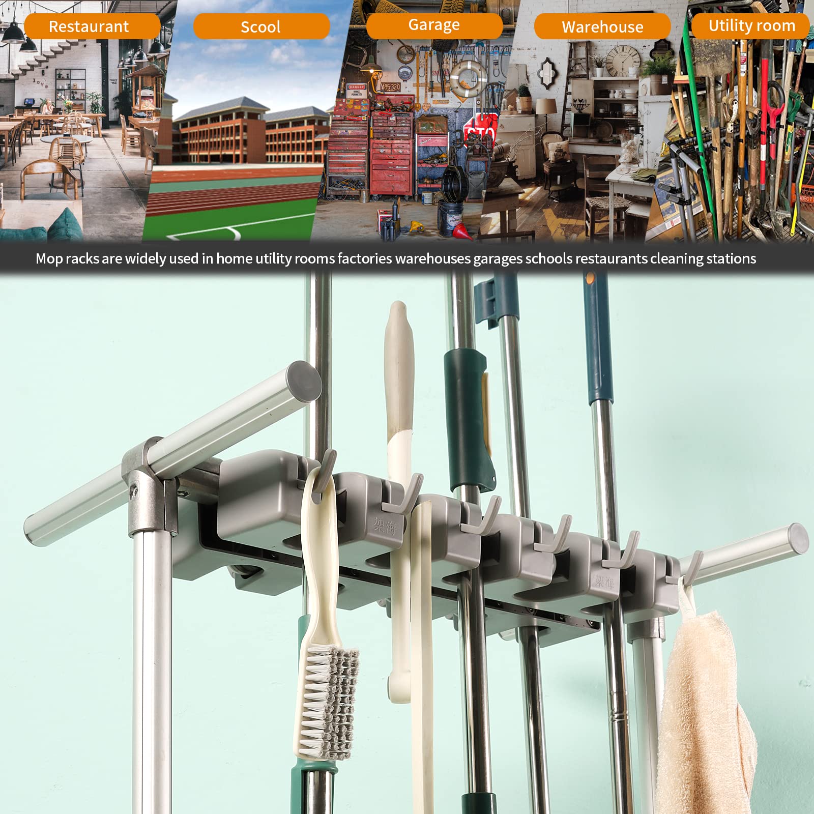 Heavy-Duty Rolling Broom Mop Holder - Wall Mounted Cleaning Supplies Organizer with Wheels for Janitor Carts & Housekeeping Stations - Ideal for Garage, Garden, Closet & Cabinet Storage - Perfect for Home, Office & Commercial Cleaning Organization
