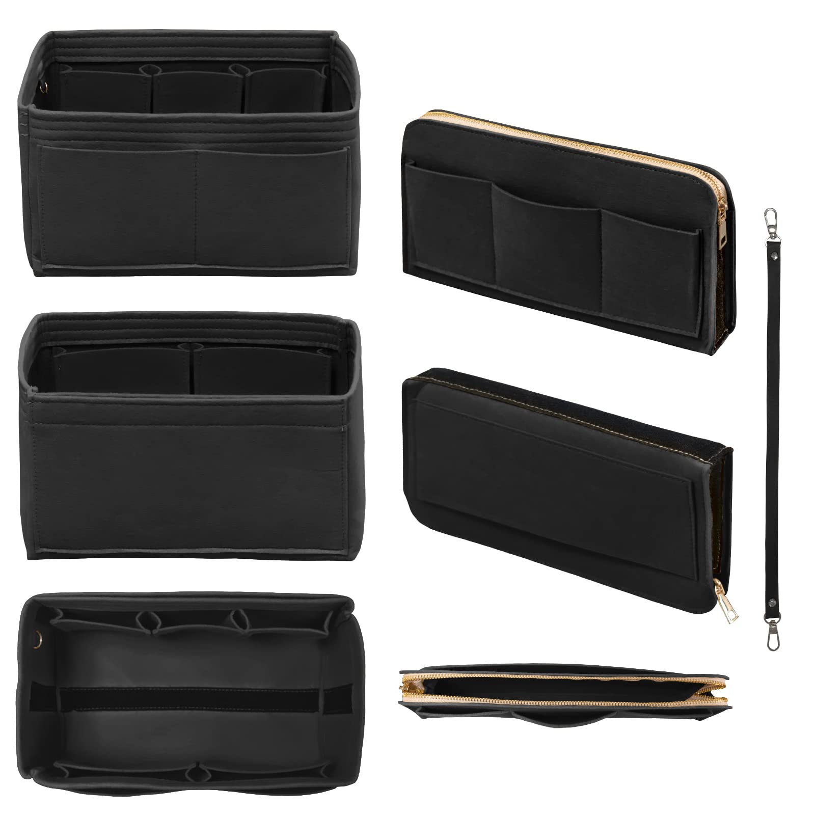 Premium Zipper Felt Purse Organizer Insert with Key Chain - Black Small Handbag Organizer for Tote Bags | Perfect for Work, Travel & Daily Essentials Organization