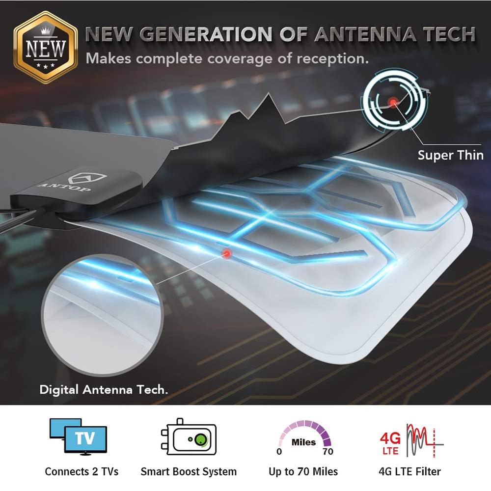 ANTOP AT 300SBS HD Smart TV Antenna with Smart Boost System - Indoor Digital HDTV & FM Radio Amplified Antenna for Crystal Clear Reception - Perfect for Home, Office, and RV Use