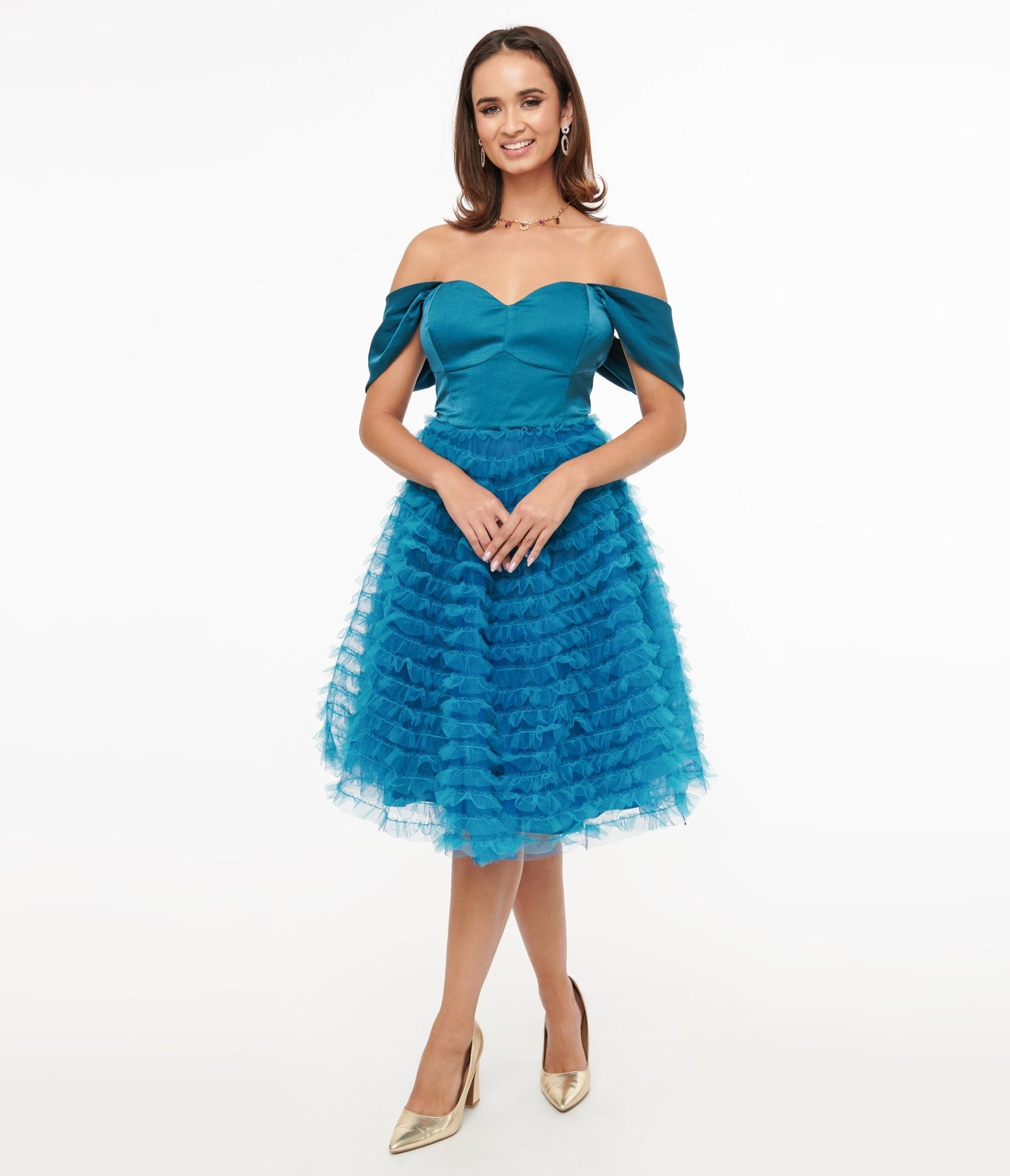 Vintage 1950s Teal Mesh Tulle Off-Shoulder Swing Dress - Retro Cocktail Party & Wedding Guest Dress for Women