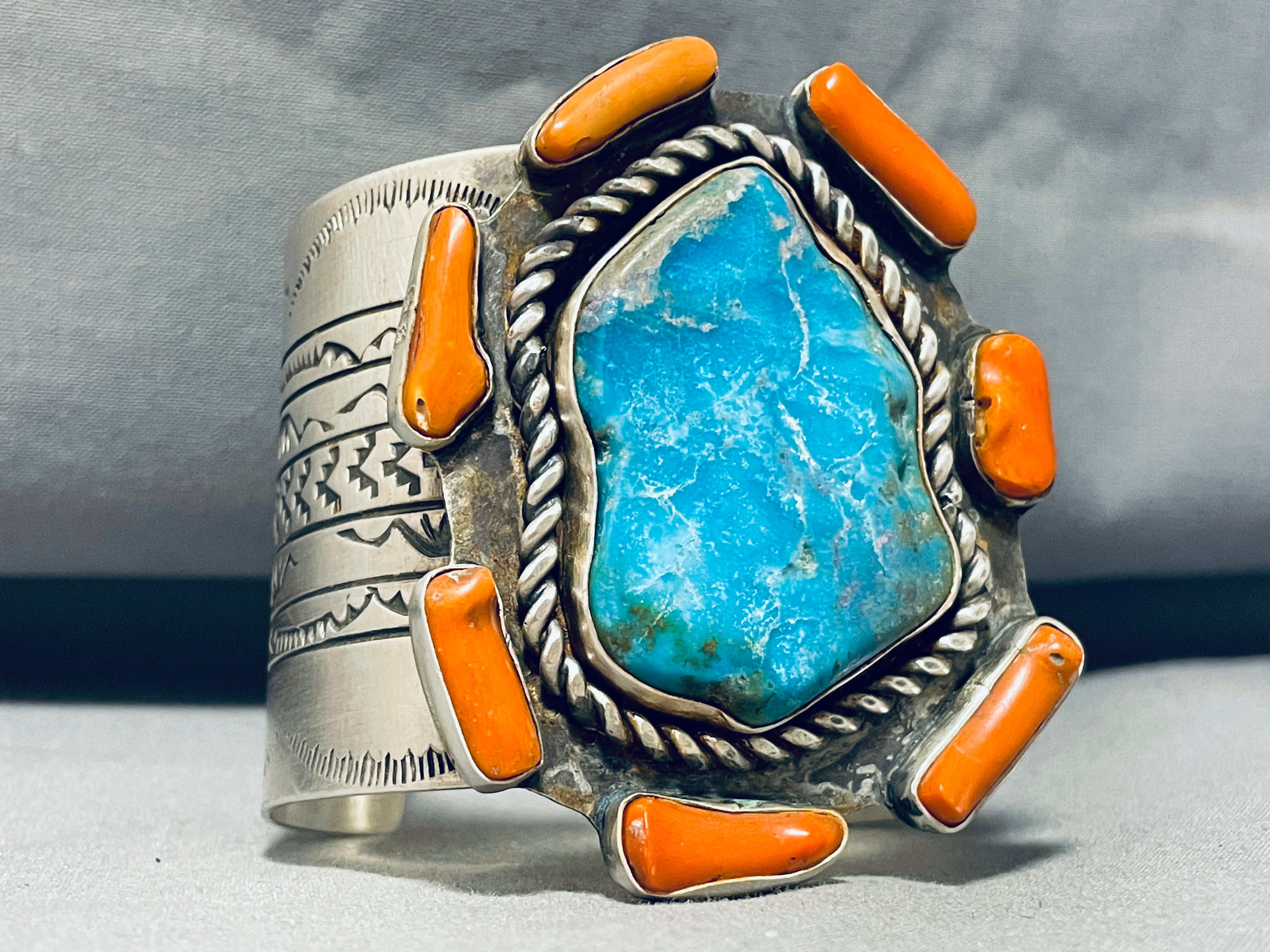 143g Stunning Native American Navajo Turquoise Coral Sterling Silver Bracelet - Perfect for Boho Fashion, Gift Giving & Spiritual Jewelry Collection
