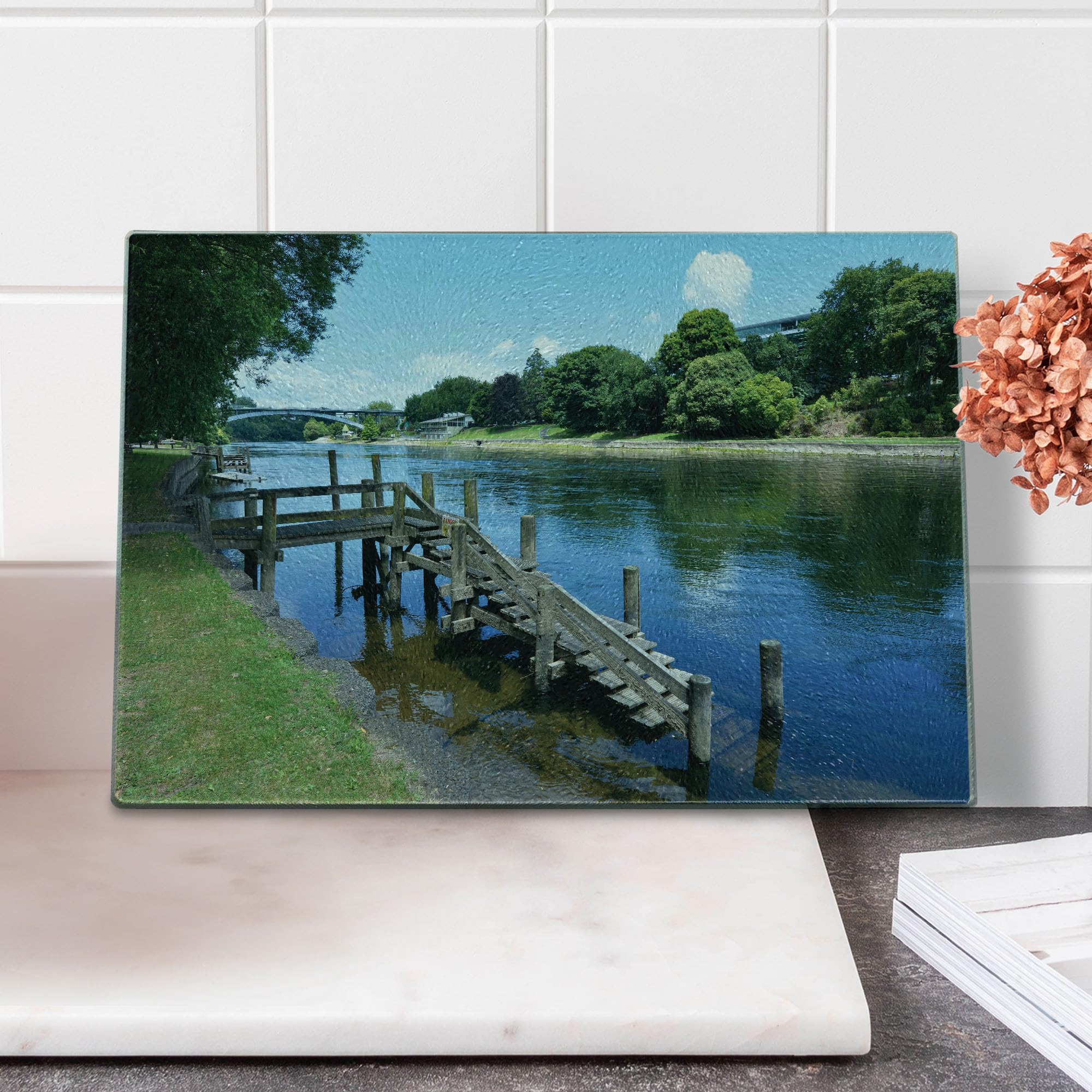 Ambesonne Tempered Glass Cutting Board - Waikato River Hamilton New Zealand Travel Landmark Design - Small Decorative Serving Board for Kitchen, Picnics & Gifts (Green, Blue, Grey)
