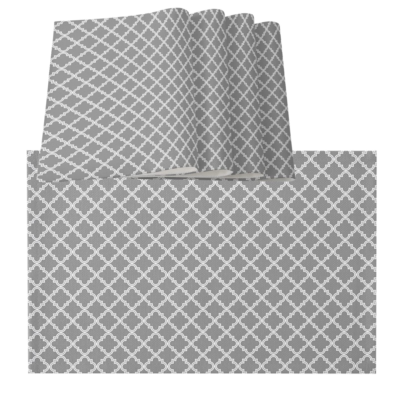 LBCASA Set of 6 Gray Moroccan Placemats - Geometric Quatrefoil Lattice Design Waterproof Table Mats for Dining & Kitchen - Wipeable & Durable - Perfect for Everyday Meals, Dinner Parties & Home Decor