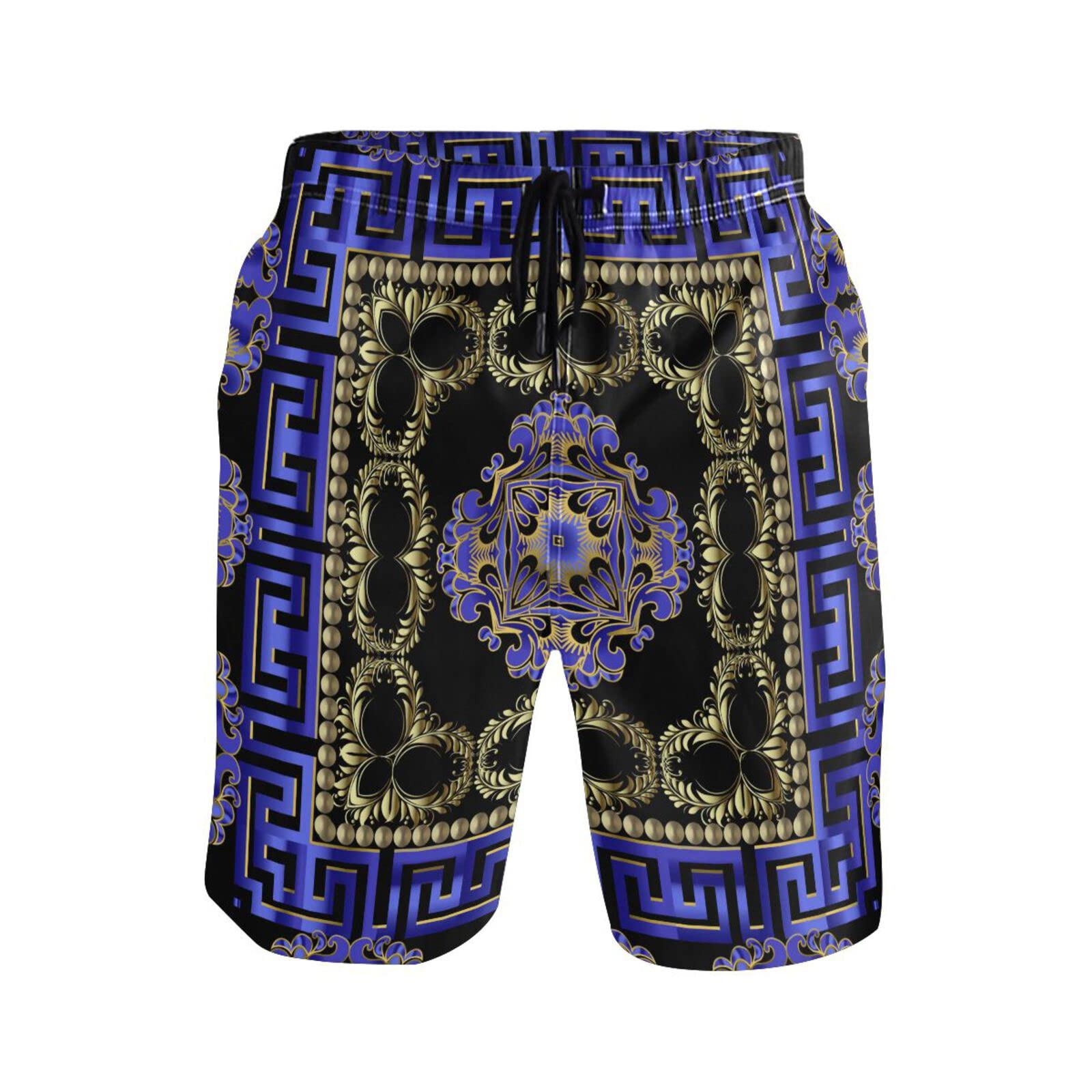 Men's Quick Dry Swim Trunks - Purple Floral Greek Tribal Print Bathing Suits for Summer Beach & Pool | Lightweight Comfortable Swim Shorts for Swimming, Surfing, Vacation & Water Sports