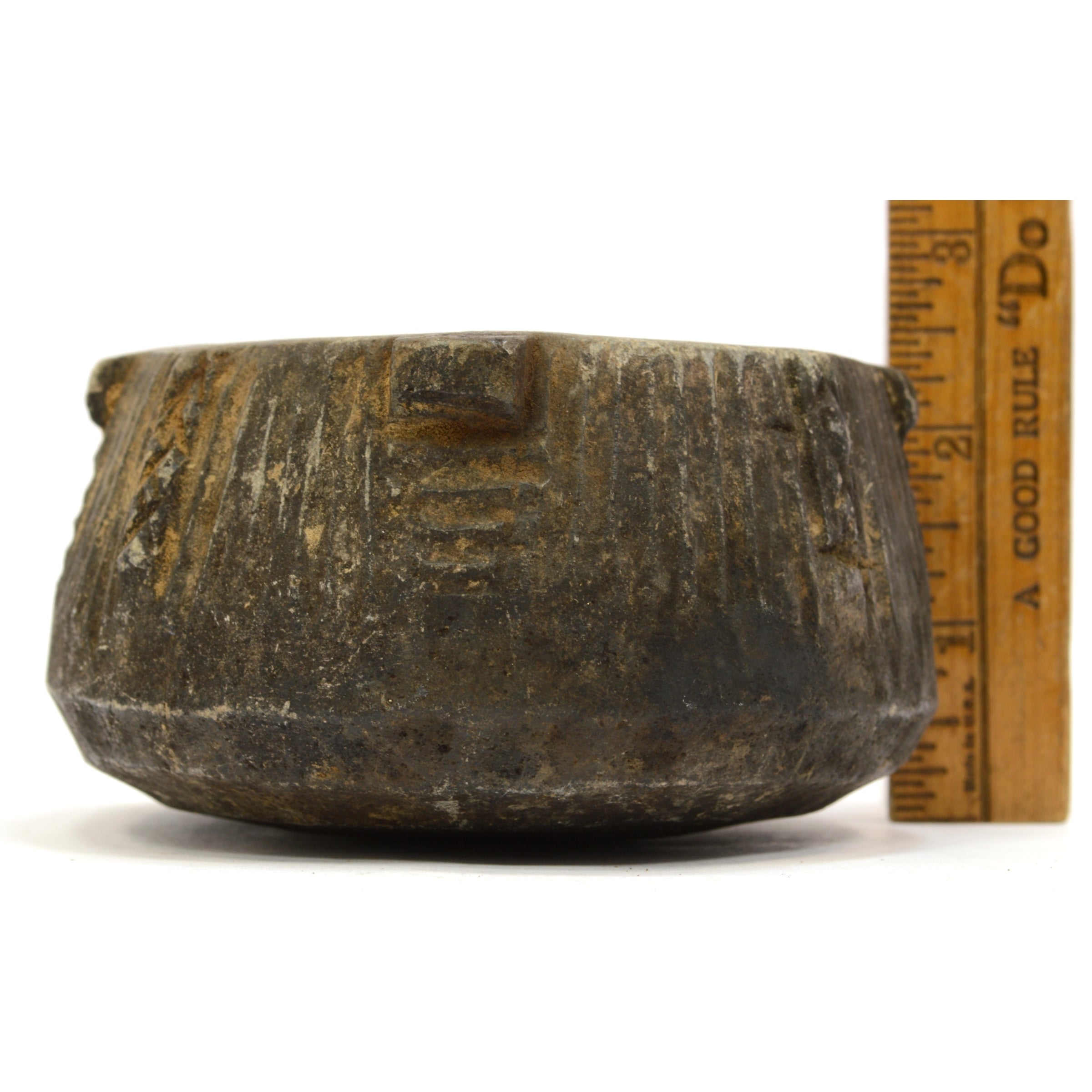 Ancient Pre-Columbian Steatite Bowl - Hand-Carved Black Soapstone with Nubs & Ribbed Design - Authentic Artifact for Home Decor, Meditation & Collectors