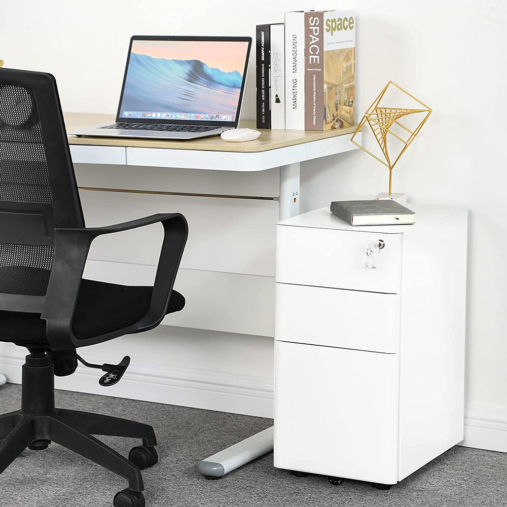 MARLO 3-Drawer Slim Mobile Pedestal Cabinet - White | Compact Rolling File Storage for Office & Home Workspace Organization