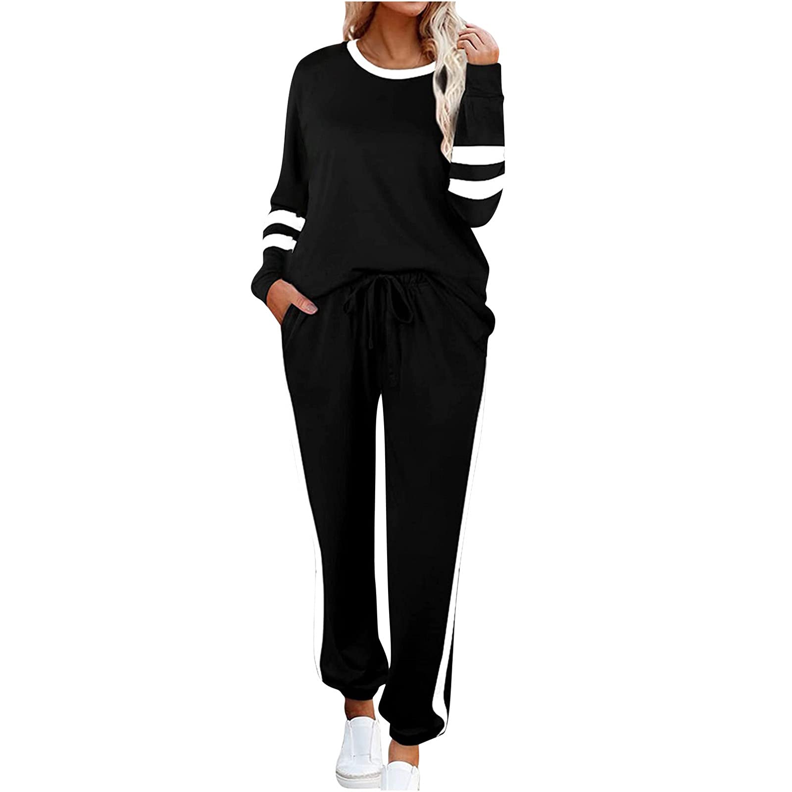 Homisy Women's 2-Piece Sweatsuit Set - Colorblock Crewneck Pullover Sweatshirt & Lounge Pants | Casual Outfits for Women | Perfect for Yoga, Running Errands & Relaxing at Home