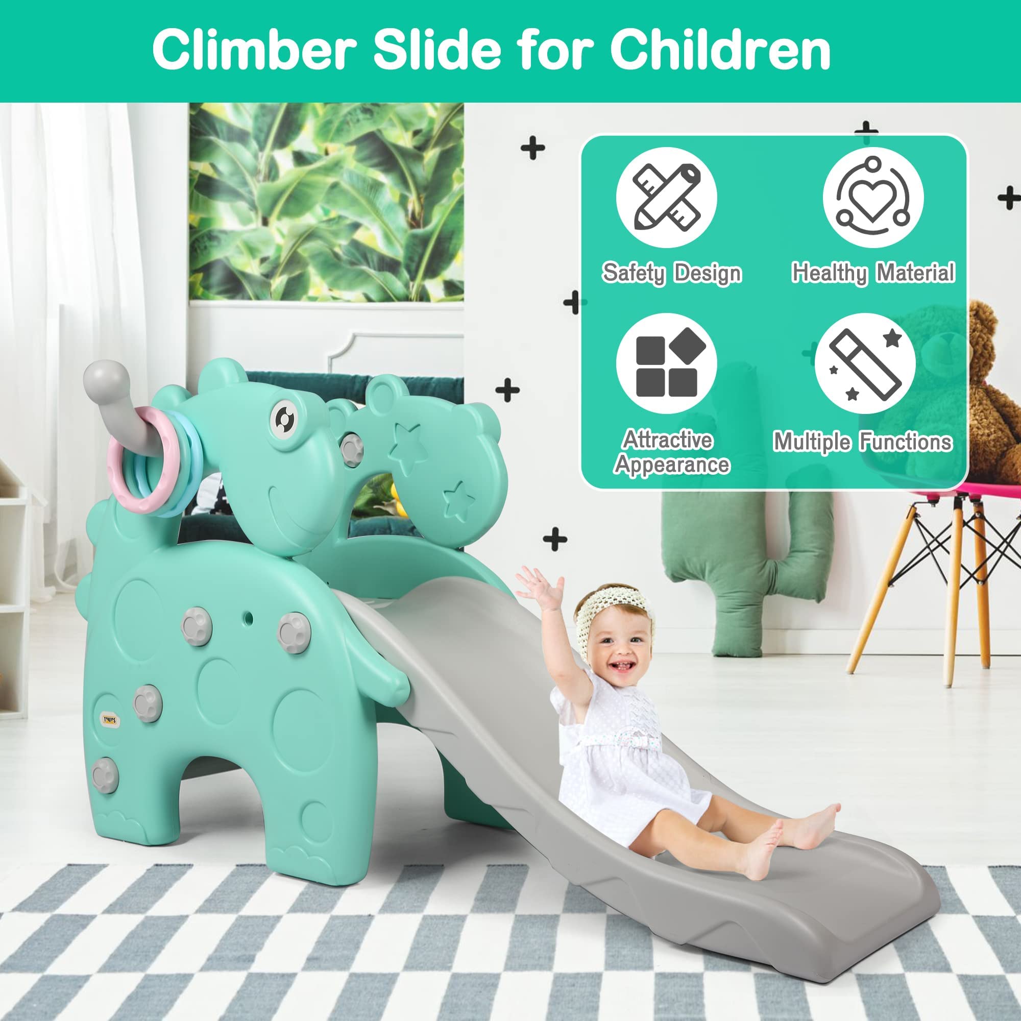 COLOR TREE Toddler Slide & Climber Playset - Outdoor Freestanding Slide with Basketball Hoop for Boys & Girls Ages 2-5 | Perfect for Backyard, Playground & Indoor Play - Green