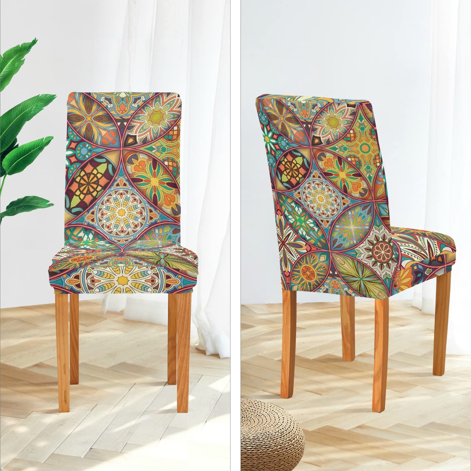 Ethnic Floral Mandala Dining Chair Covers Set of 2 - Washable & Stretchable Slipcovers for Dining Room, Wedding, Party & Office Decor - Perfect for Home, Ceremony & Holiday Gatherings