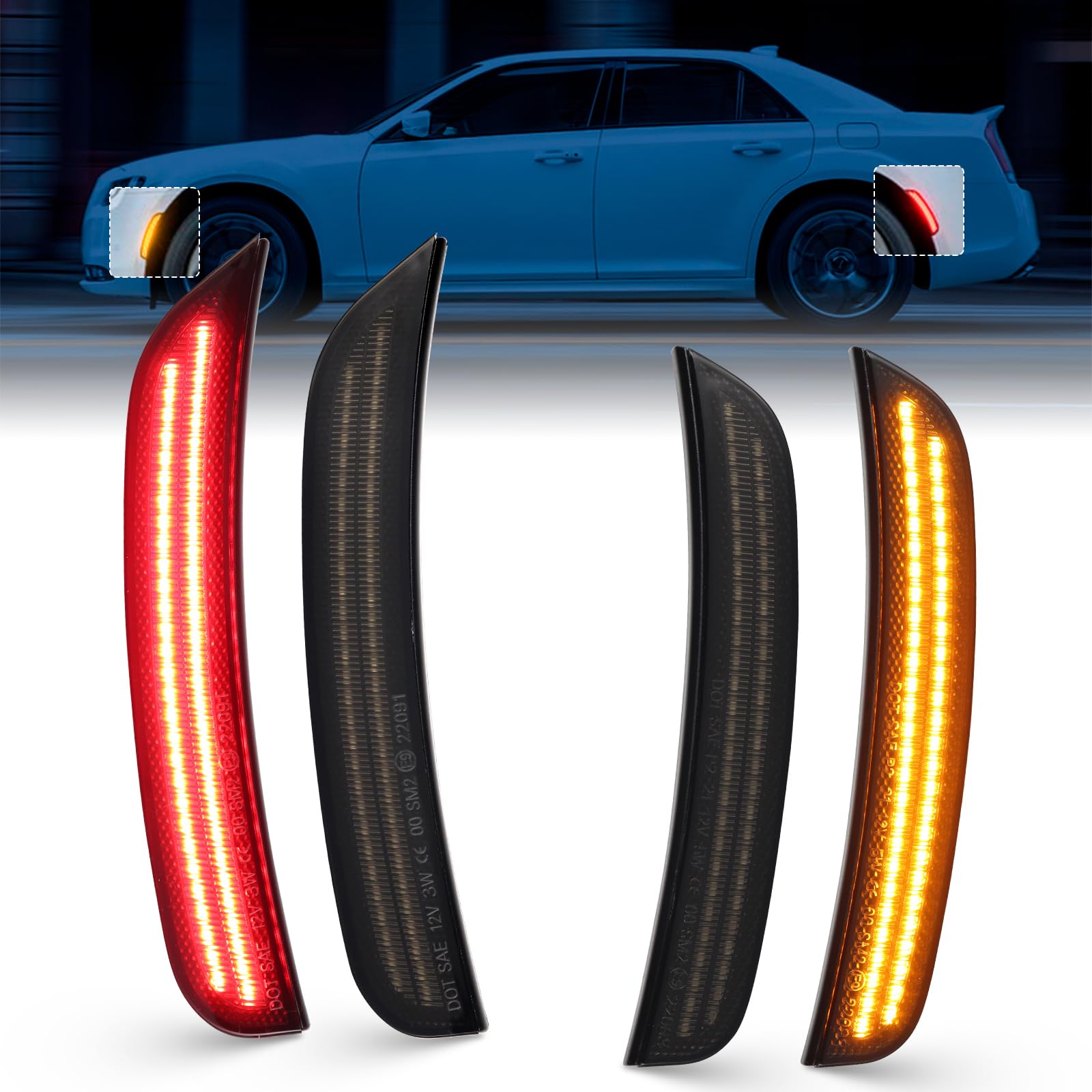 LED Side Marker Lights for Chrysler 300 2015-2022 - Smoked Lens Front/Rear Bumper Fender Sidemarkers with Dual-Row LED Lamps (Amber/Red) - Enhanced Visibility & Safety for Night Driving & Parking
