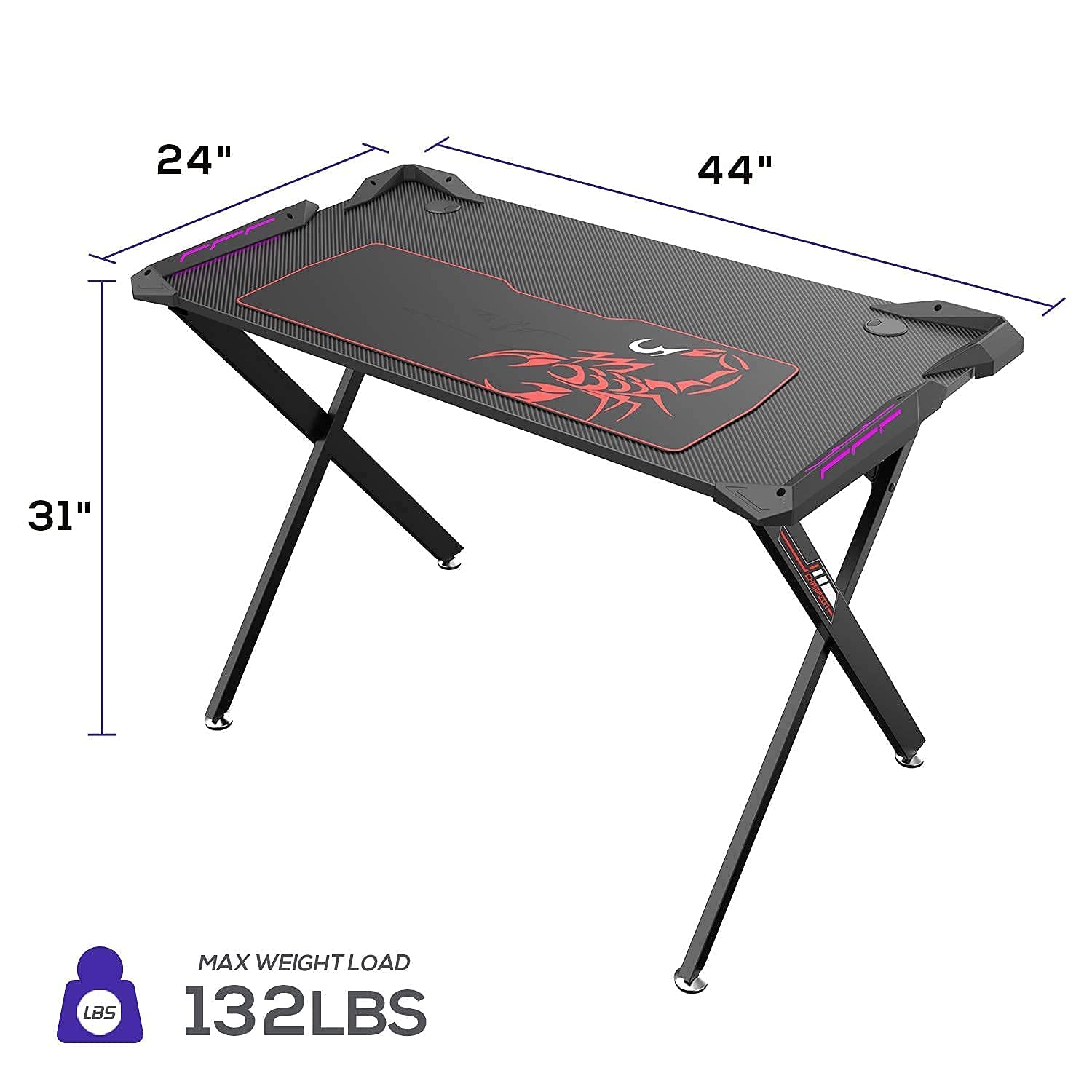 RGB Gaming Desk with LED Lights - 44 x 24 Inches Computer Desk for Home Office & Study | Includes Free Mouse Pad, Handle Rack, Cup Holder & Headphone Hook | Perfect for Gaming Setup, Remote Work & Online Learning