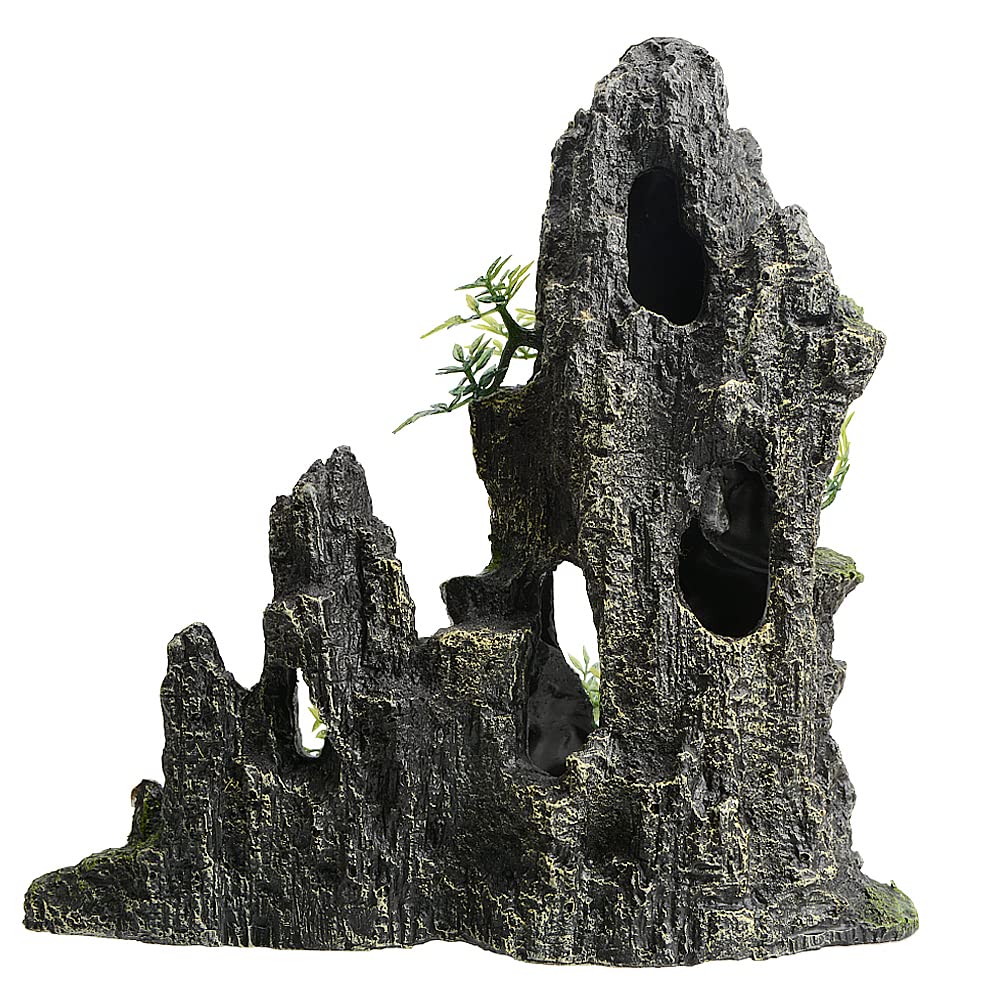 Large & Tall Aquarium Mountain View Stone Decor - 11 Inch Resin Rock Cave Ornament with Plants for Fish Tank Aquascaping | Perfect for Betta Fish, Goldfish & Tropical Aquariums